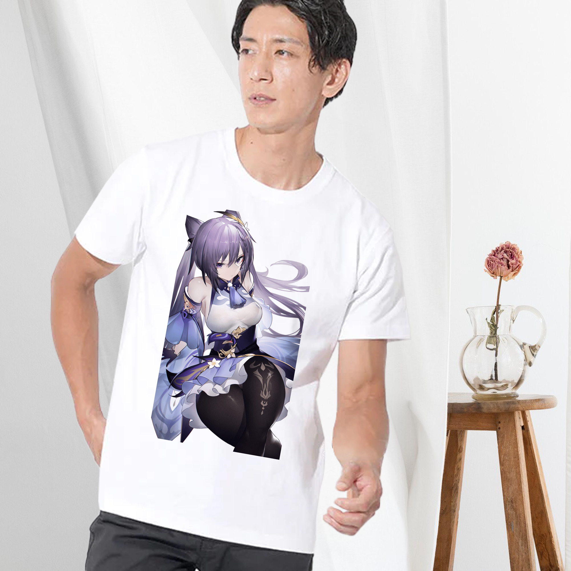げんし神 刻晴 こくせい genshin Kokusei 綿100％ メンズ半袖Tシャツ｜肌触りやわらか＆通気性