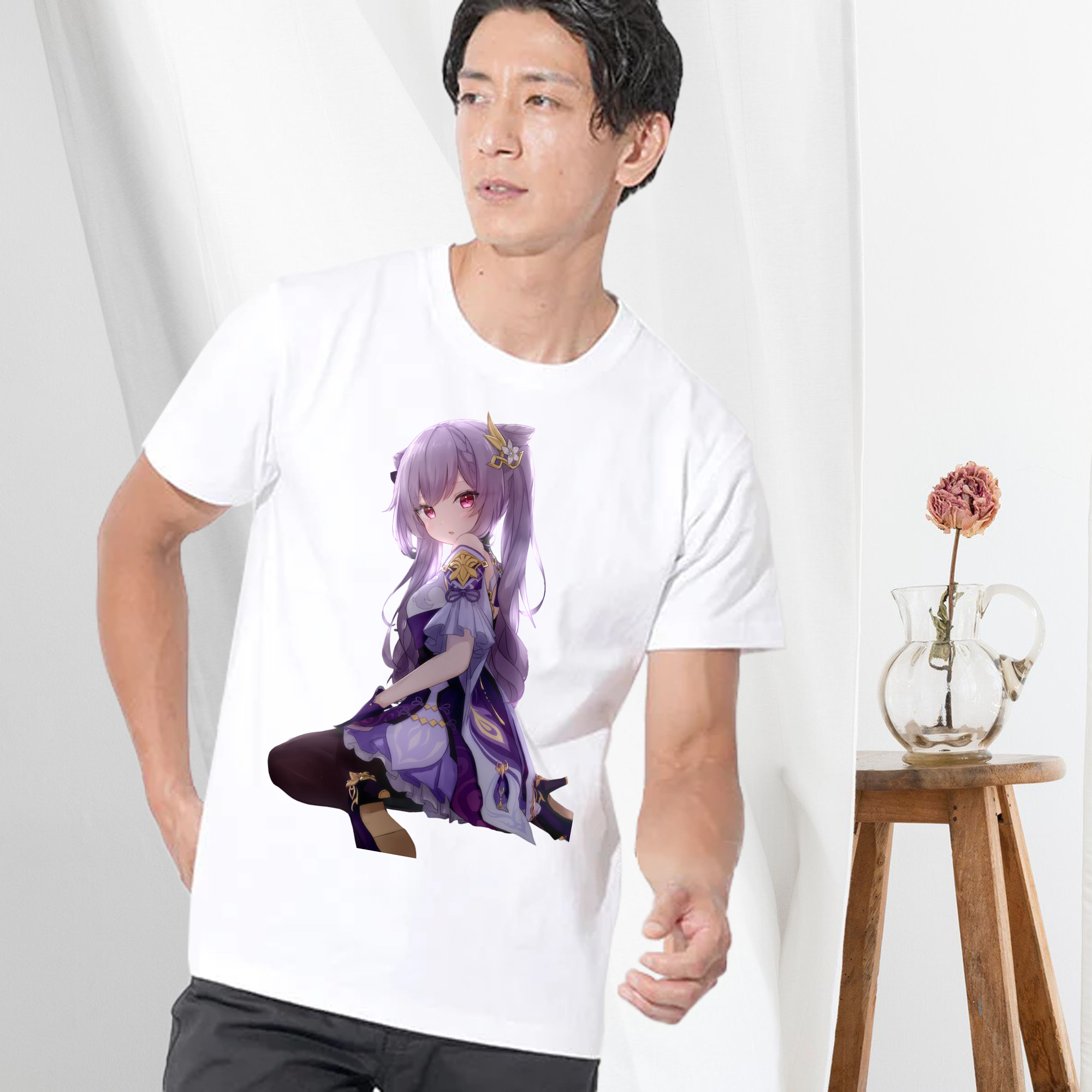 げんし神 刻晴 こくせい genshin Kokusei 綿100％ メンズ半袖Tシャツ｜肌触りやわらか＆通気性