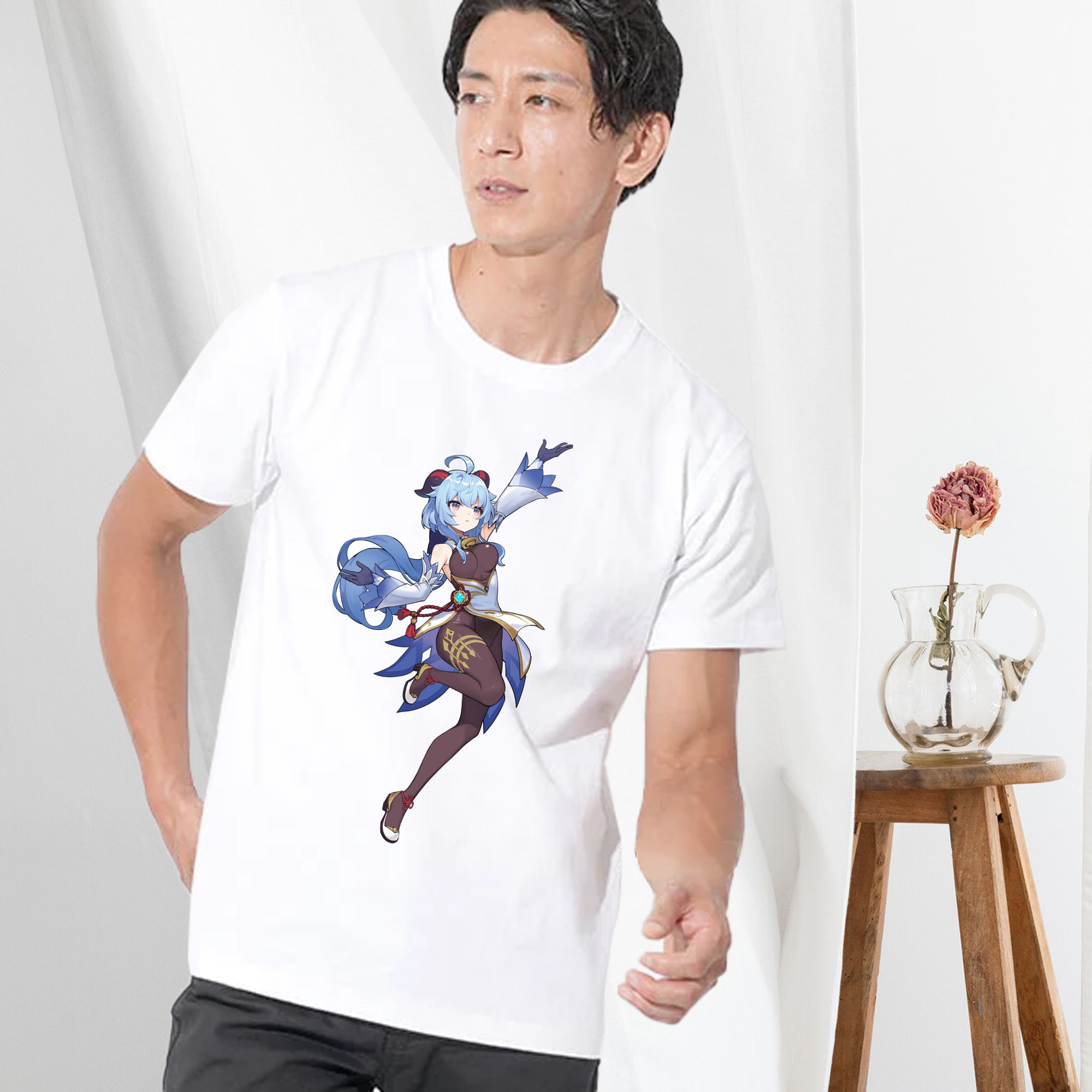 げんし神 甘雨 かんう genshin Ganyu 綿100％ メンズ半袖Tシャツ｜肌触りやわらか＆通気性