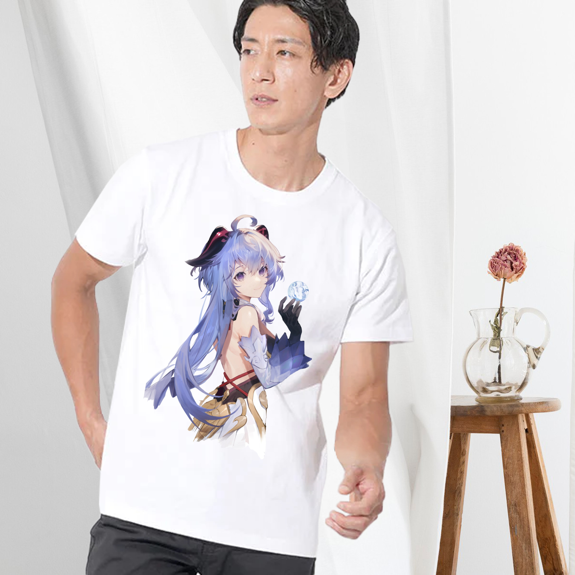 げんし神 甘雨 かんう genshin Ganyu 綿100％ メンズ半袖Tシャツ｜肌触りやわらか＆通気性