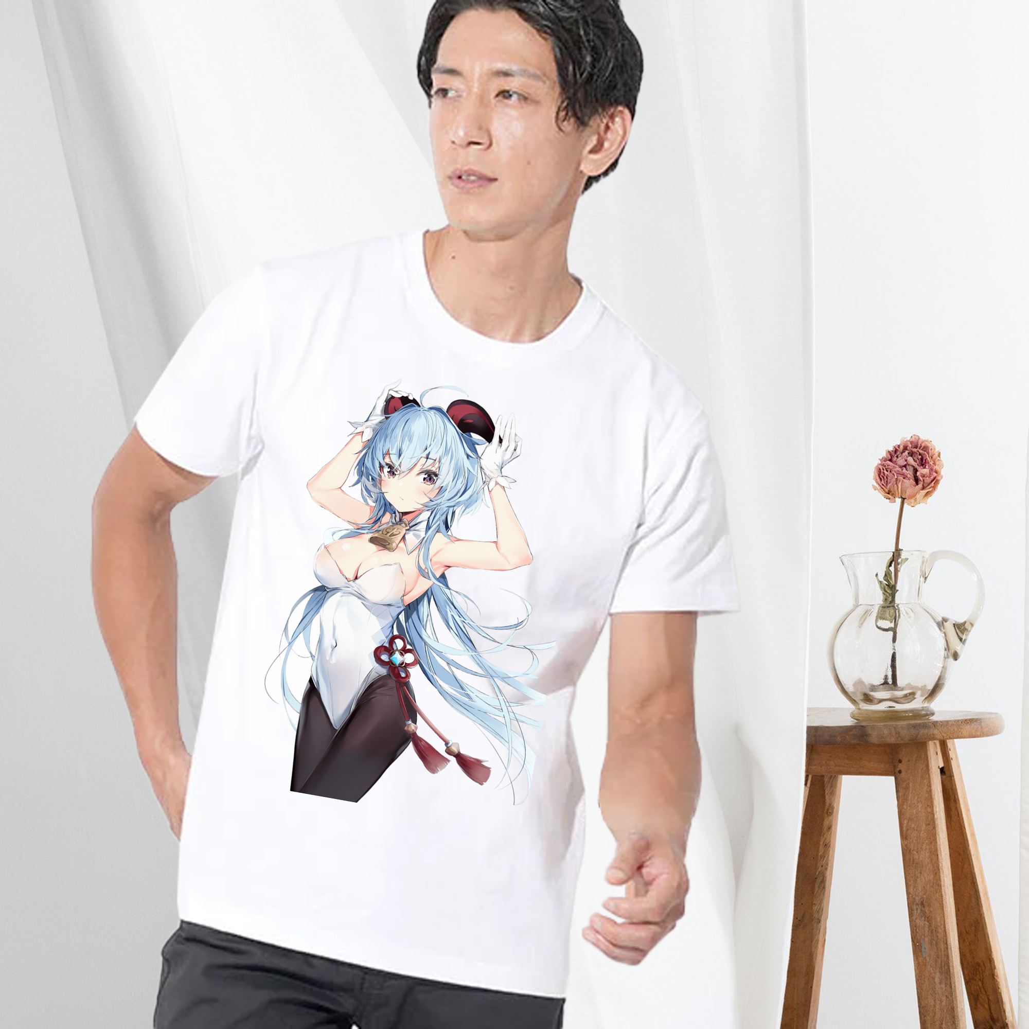 げんし神 甘雨 かんう genshin Ganyu 綿100％ メンズ半袖Tシャツ｜肌触りやわらか＆通気性
