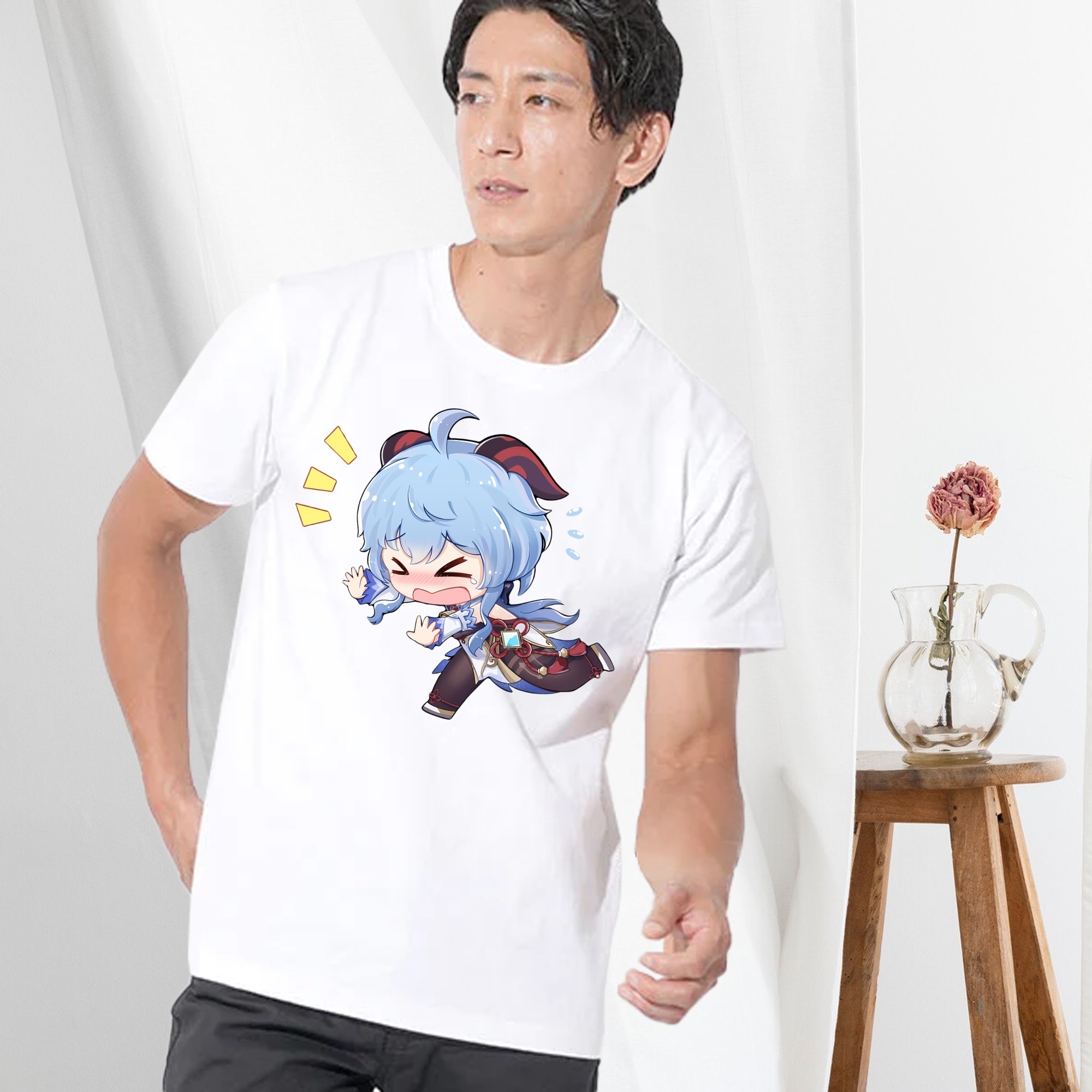 げんし神 甘雨 かんう genshin Ganyu 綿100％ メンズ半袖Tシャツ｜肌触りやわらか＆通気性