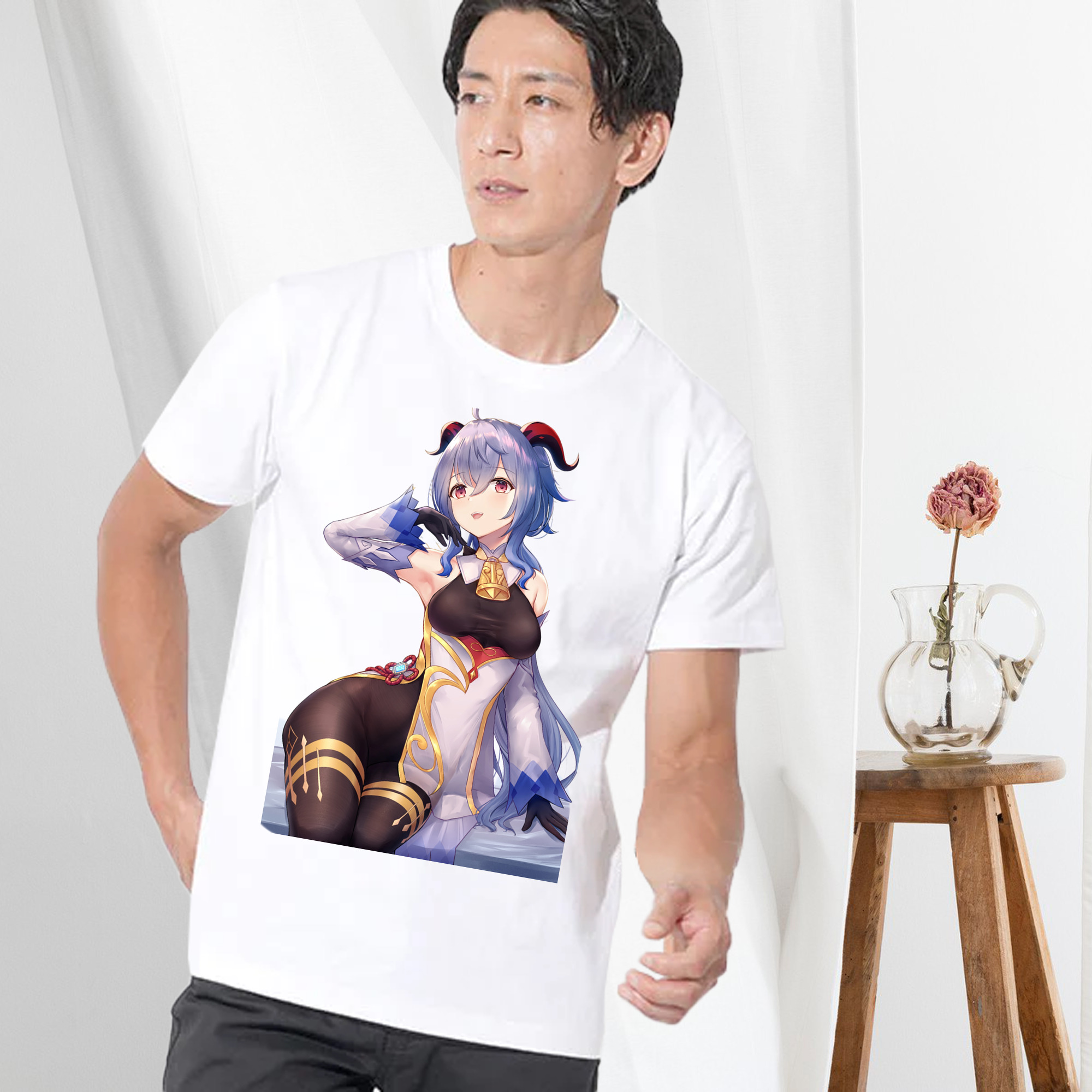 げんし神 甘雨 かんう genshin Ganyu 綿100％ メンズ半袖Tシャツ｜肌触りやわらか＆通気性