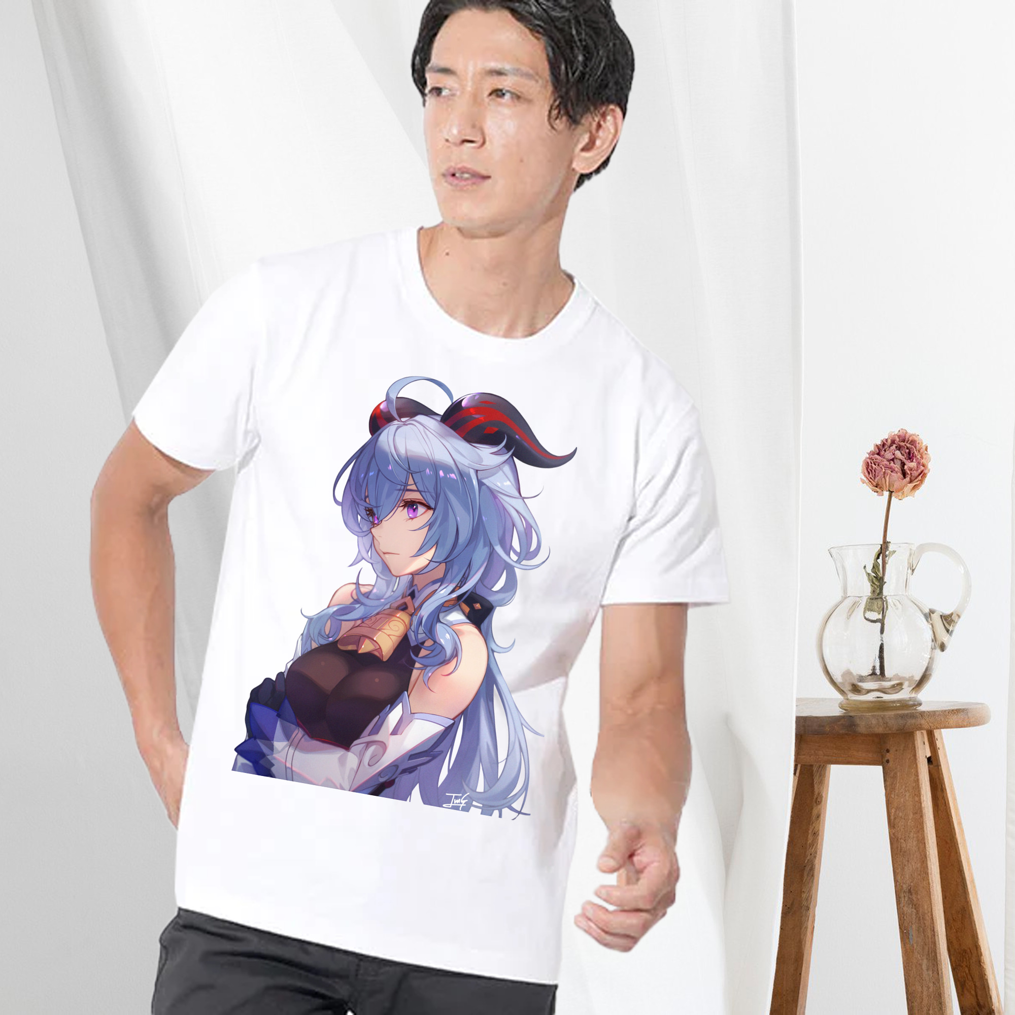 げんし神 甘雨 かんう genshin Ganyu 綿100％ メンズ半袖Tシャツ｜肌触りやわらか＆通気性
