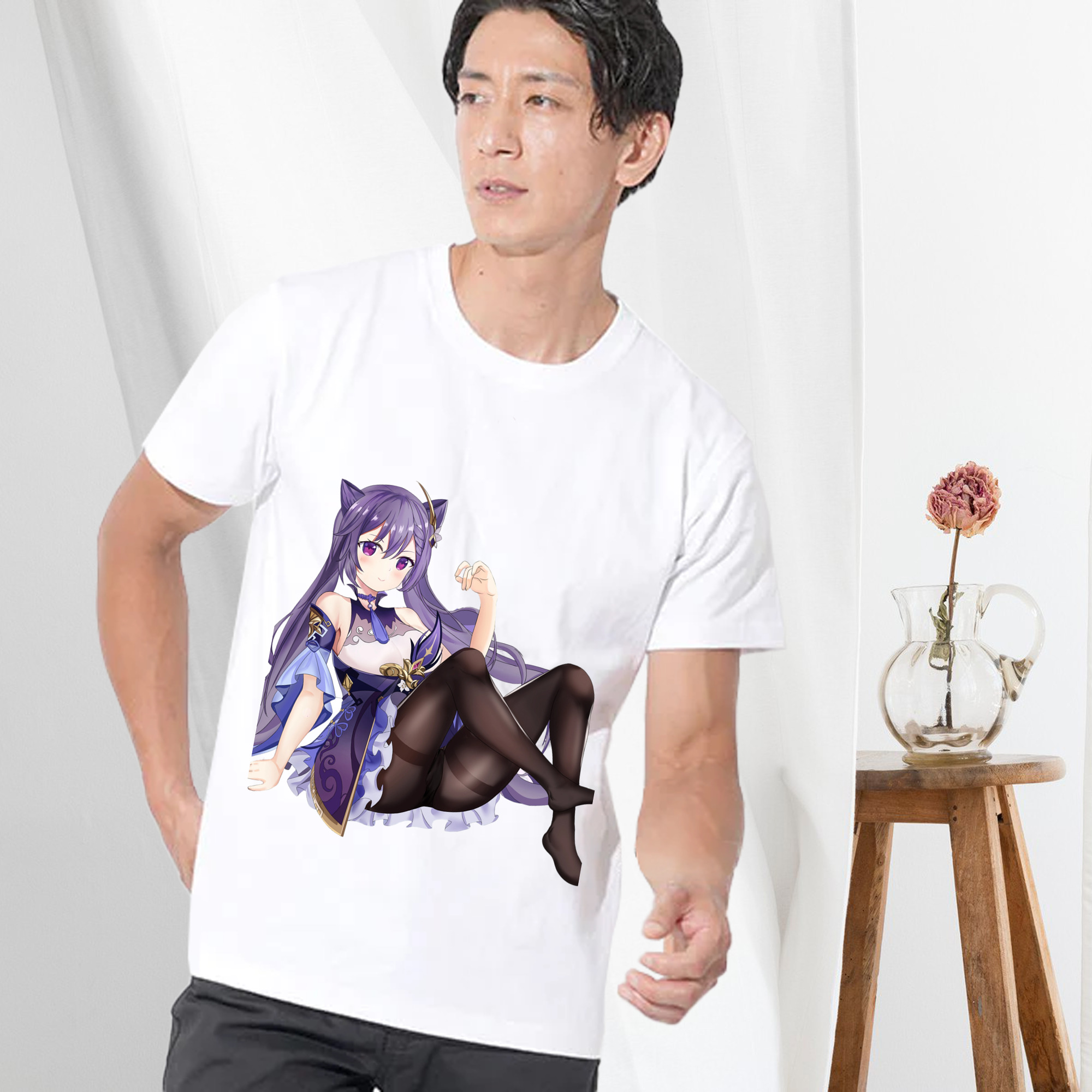 げんし神 刻晴 こくせい genshin Kokusei 綿100％ メンズ半袖Tシャツ｜肌触りやわらか＆通気性