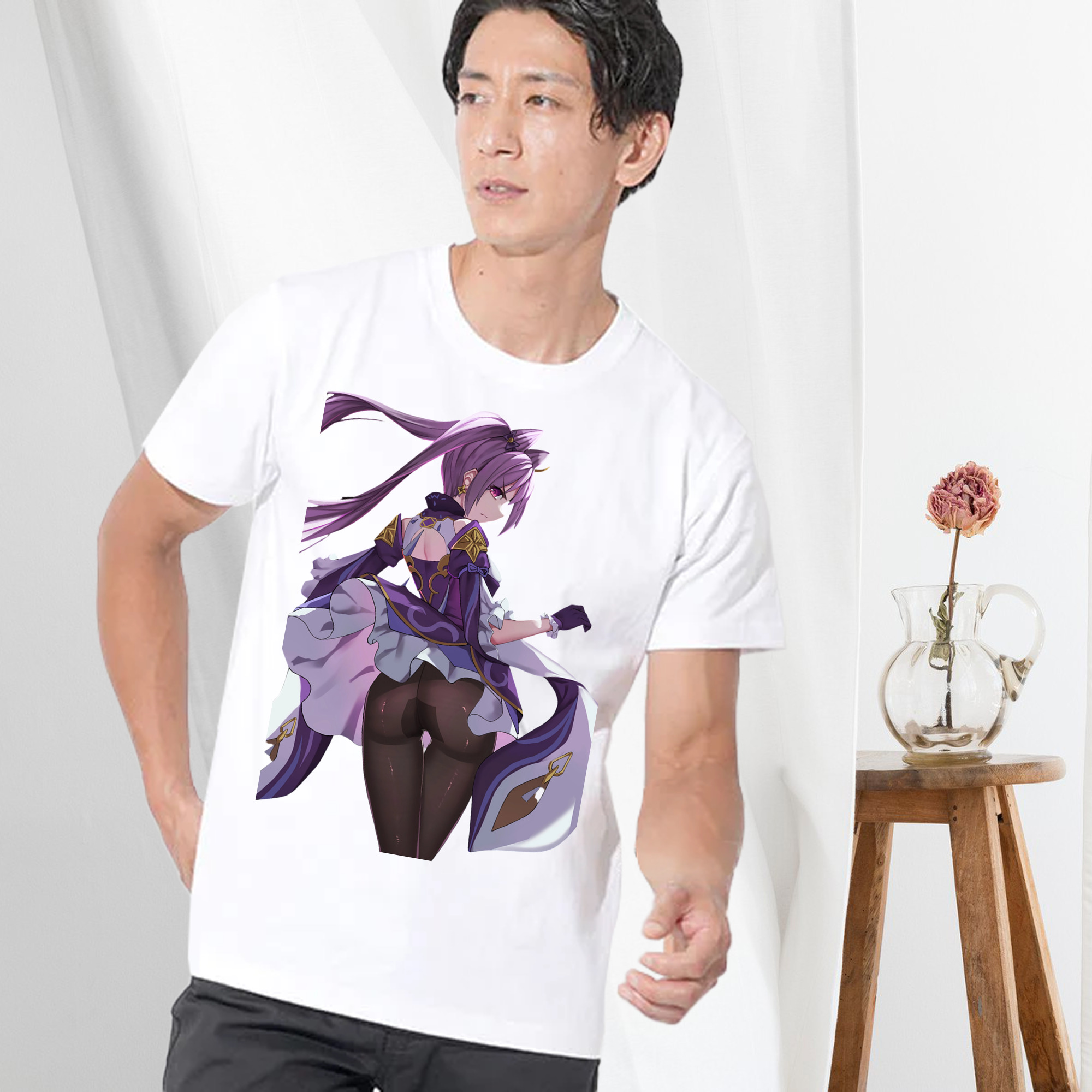 げんし神 刻晴 こくせい genshin Kokusei 綿100％ メンズ半袖Tシャツ｜肌触りやわらか＆通気性