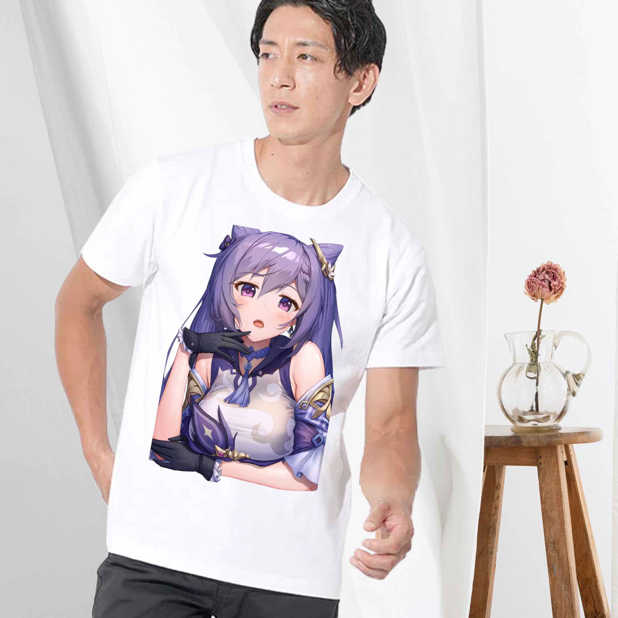 げんし神 刻晴 こくせい genshin Kokusei 綿100％ メンズ半袖Tシャツ｜肌触りやわらか＆通気性