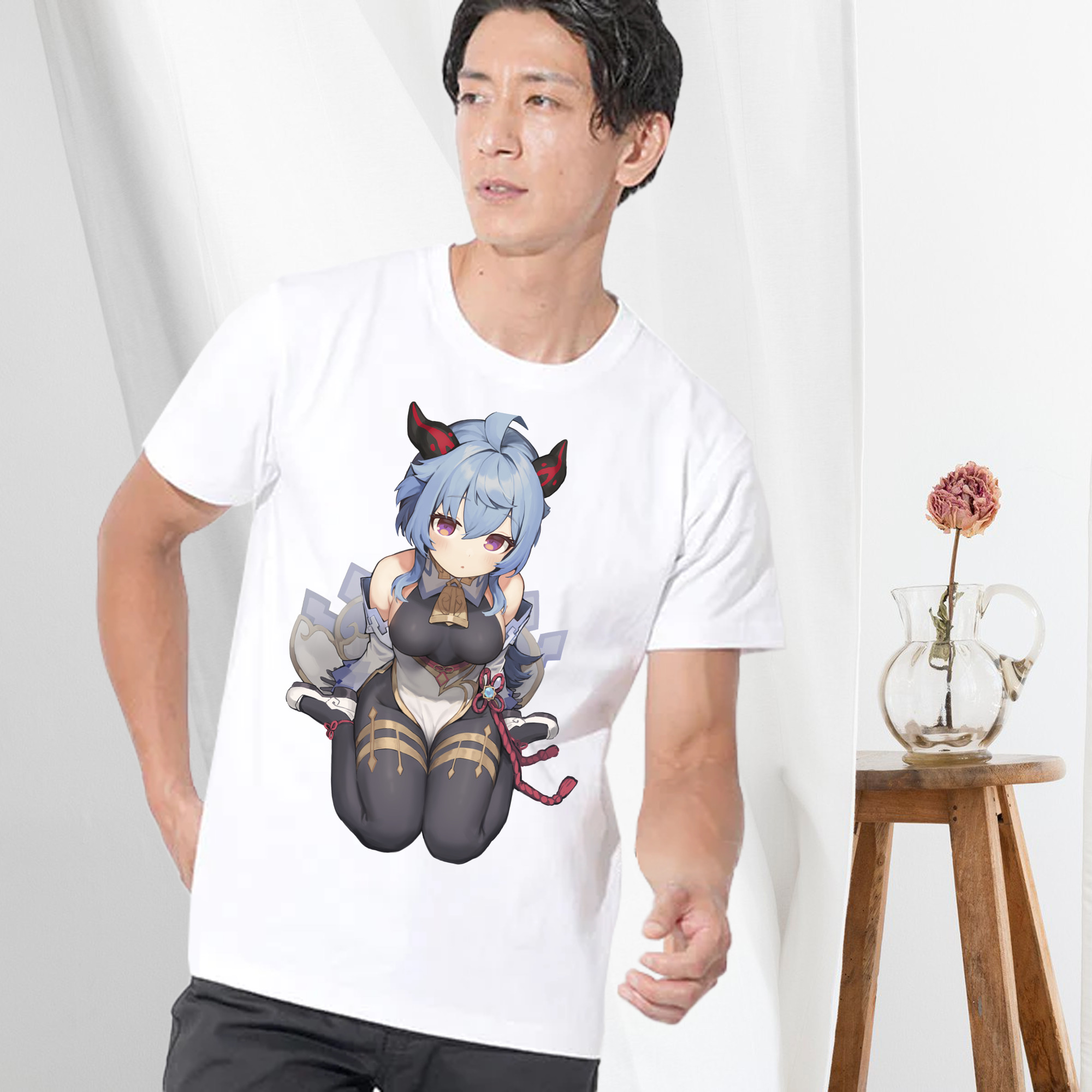 げんし神 甘雨 かんう genshin Ganyu 綿100％ メンズ半袖Tシャツ｜肌触りやわらか＆通気性