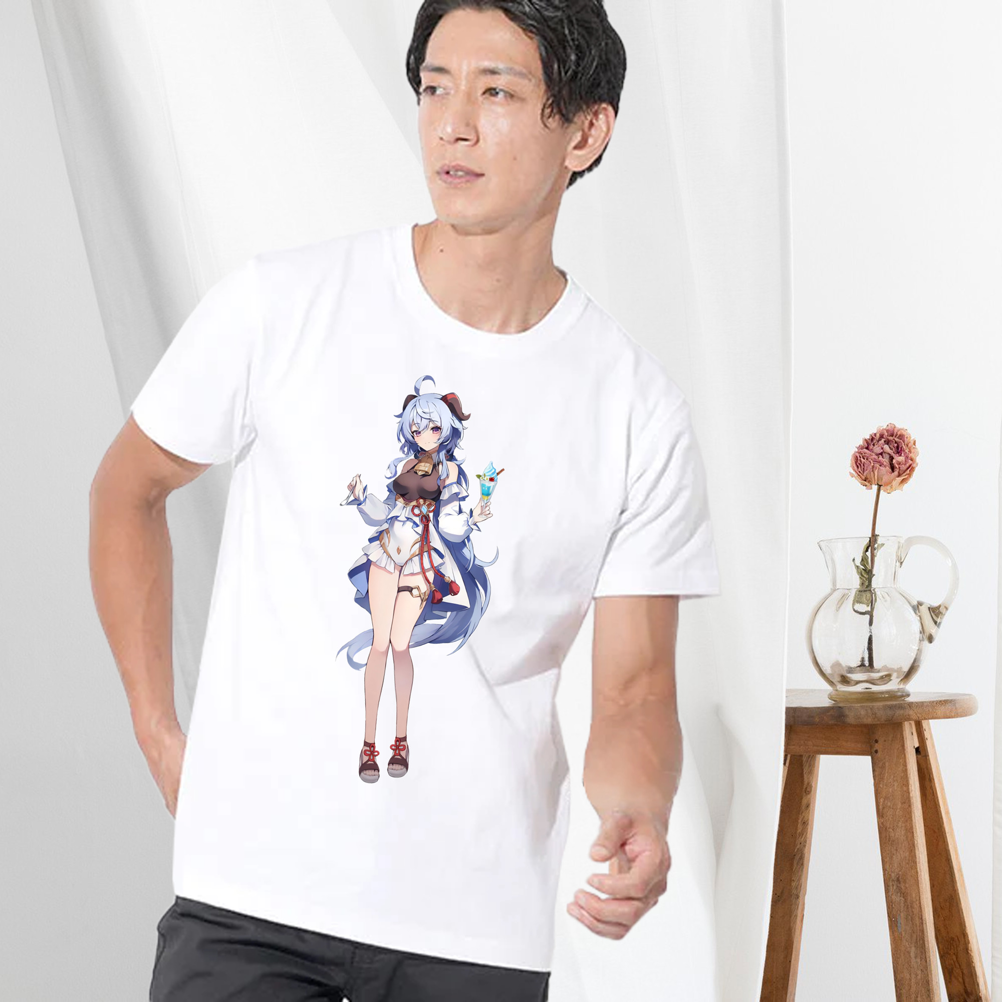 げんし神 甘雨 かんう genshin Ganyu 綿100％ メンズ半袖Tシャツ｜肌触りやわらか＆通気性
