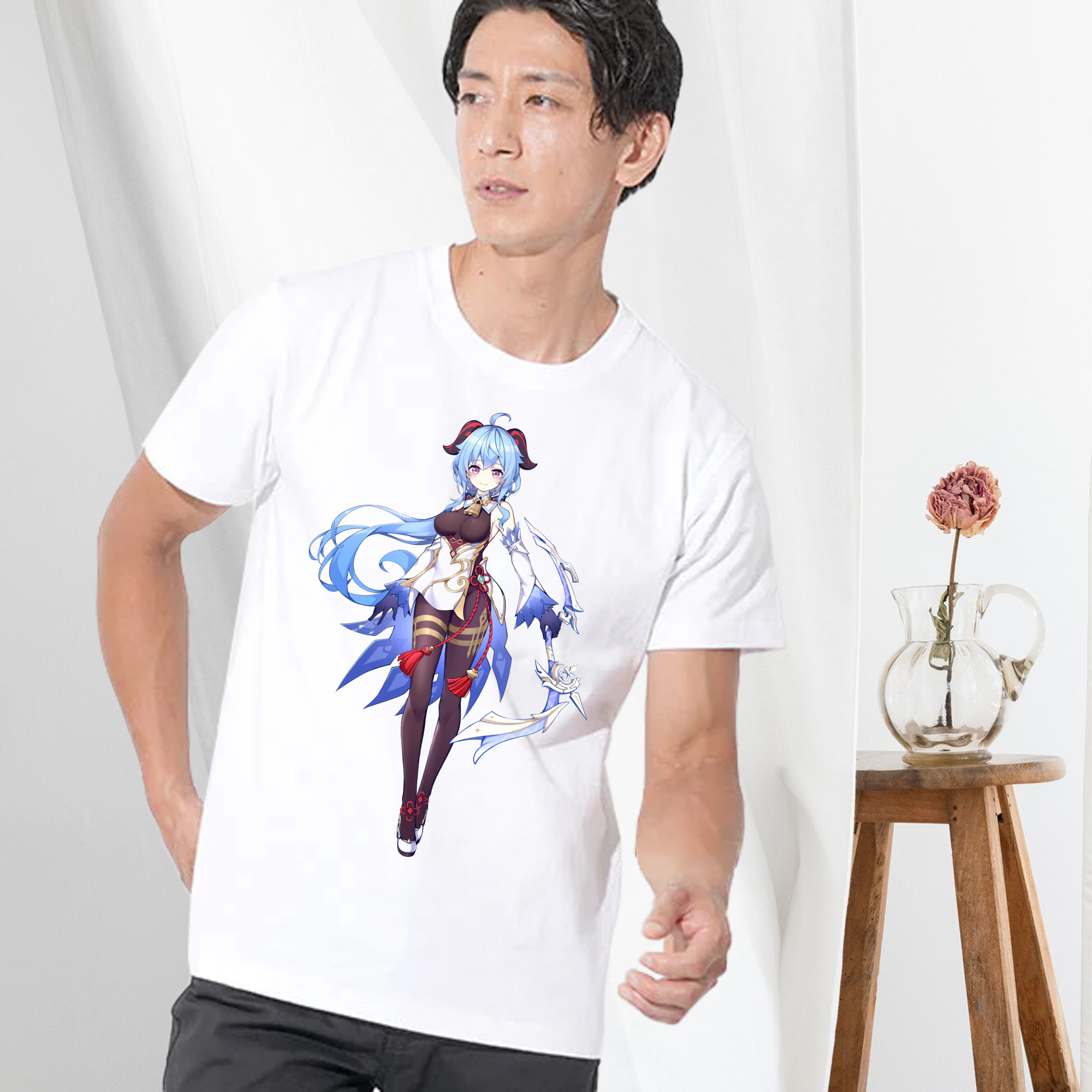 げんし神 甘雨 かんう genshin Ganyu 綿100％ メンズ半袖Tシャツ｜肌触りやわらか＆通気性