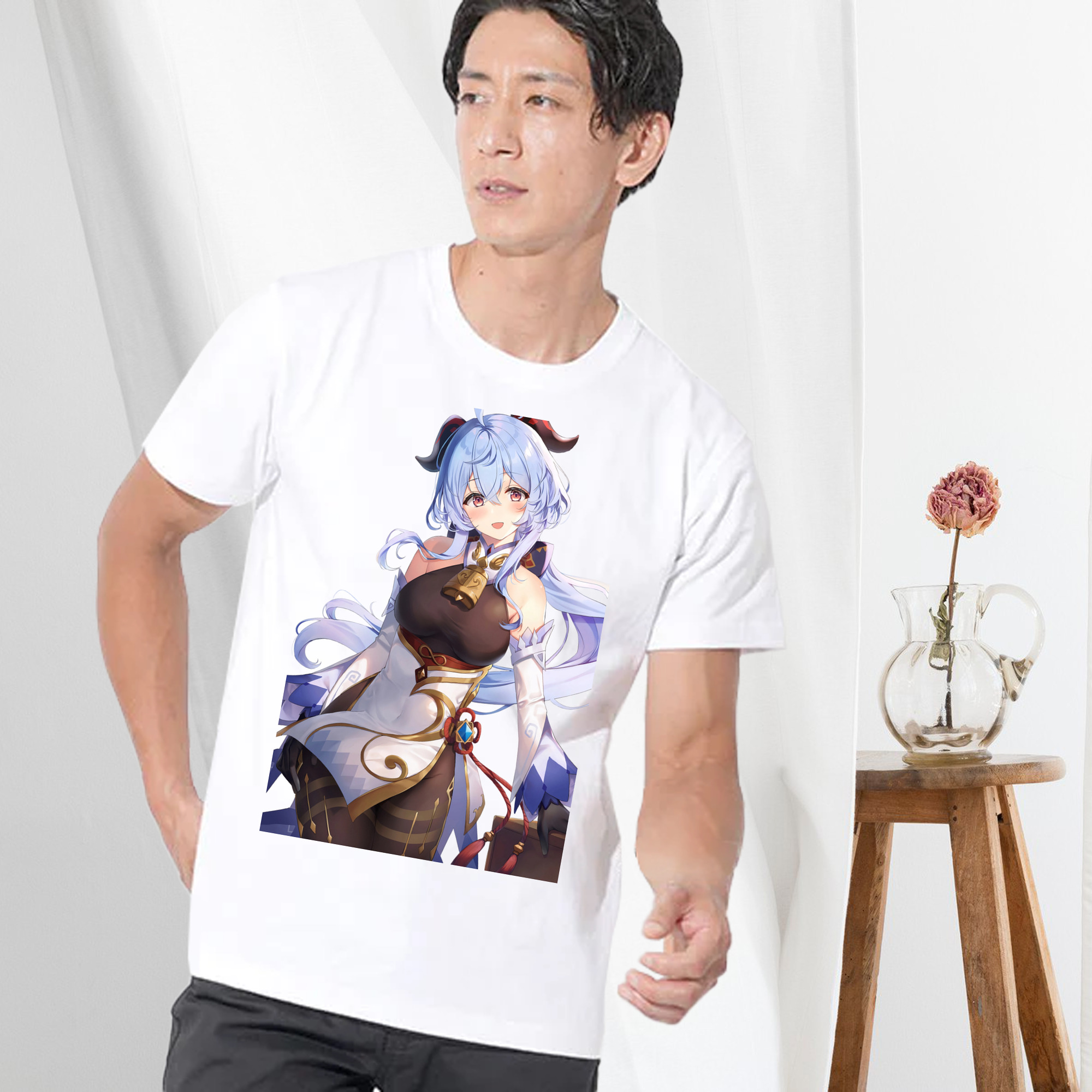 げんし神 甘雨 かんう genshin Ganyu 綿100％ メンズ半袖Tシャツ｜肌触りやわらか＆通気性