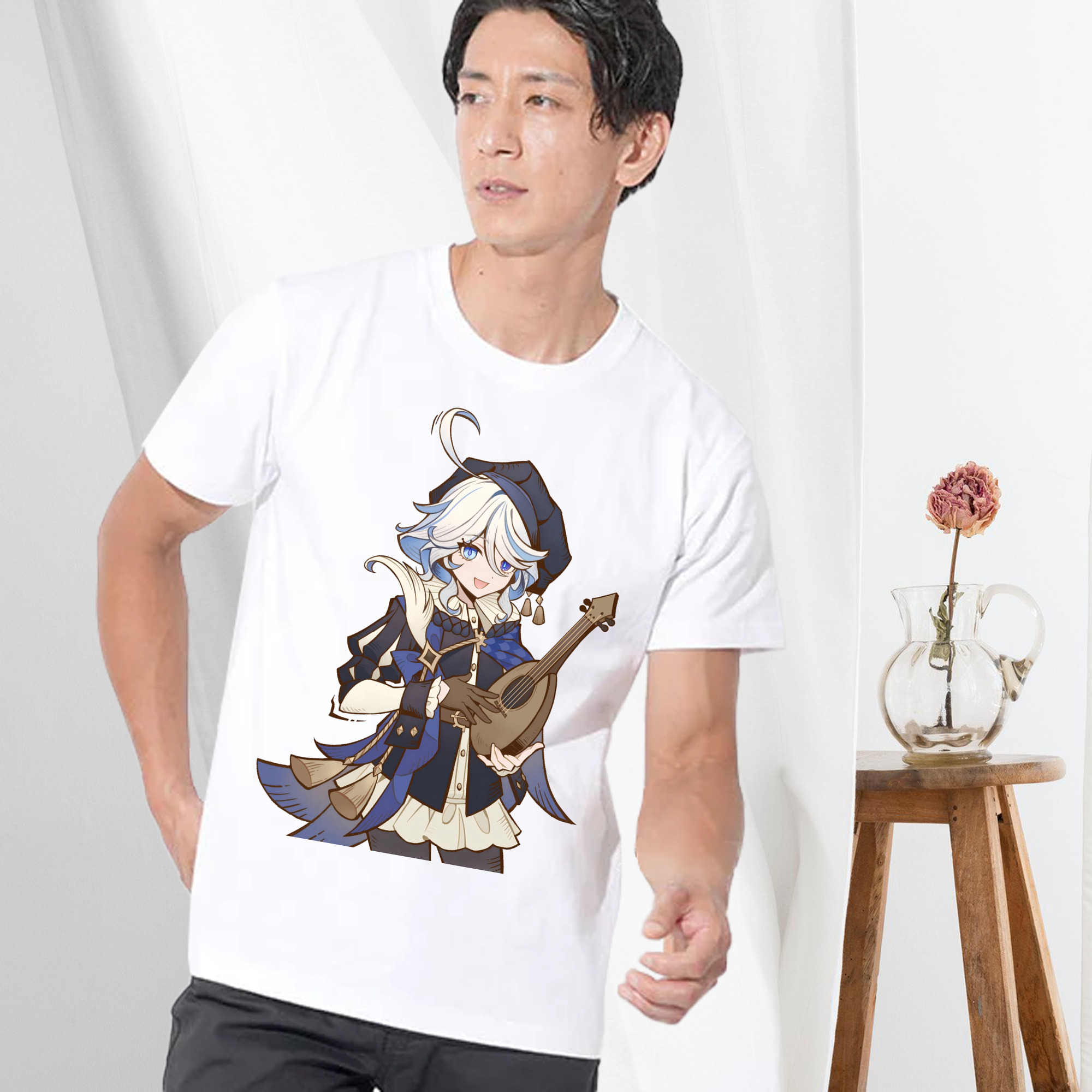 げんし神 フリーナ genshin Furina 綿100％ メンズ半袖Tシャツ｜肌触りやわらか＆通気性