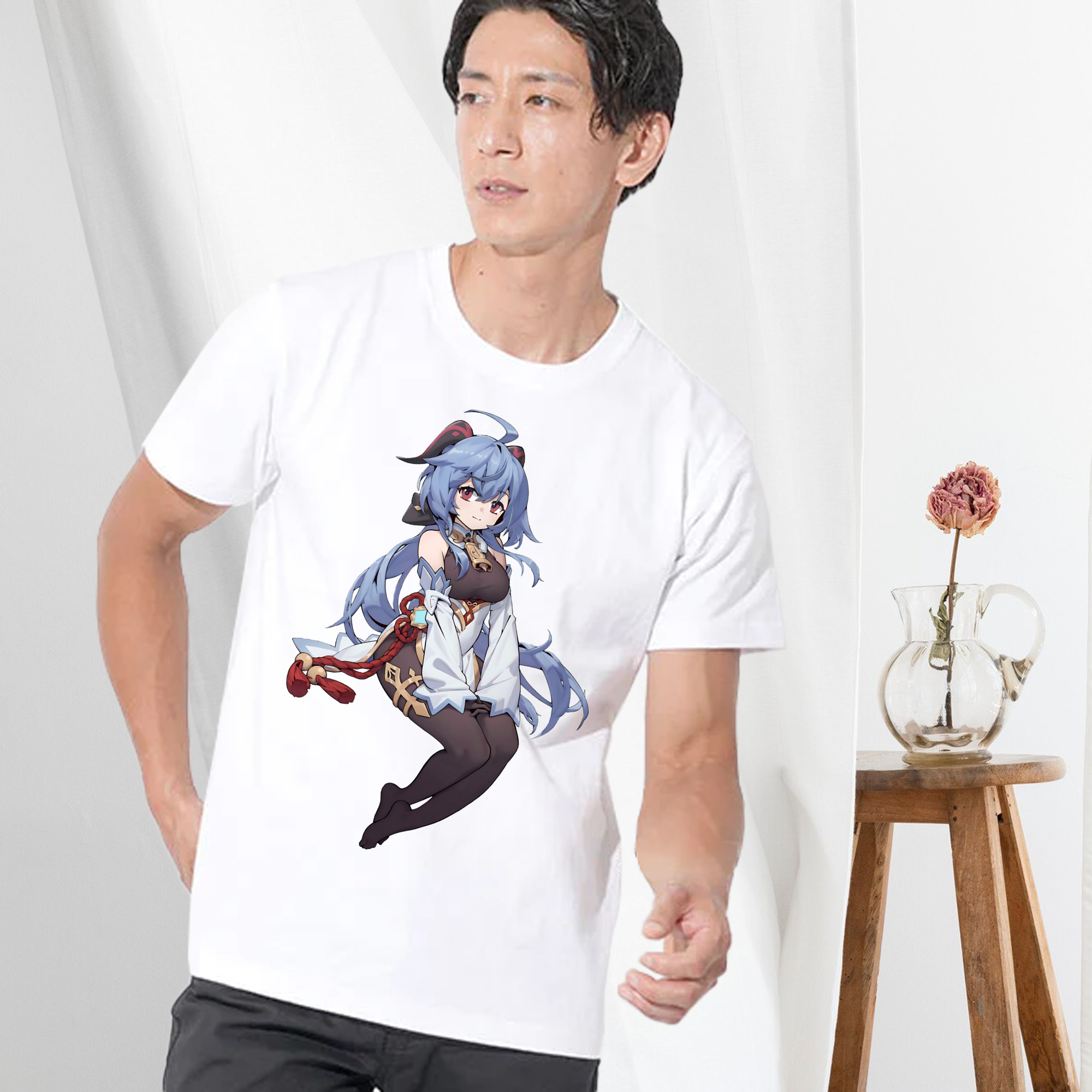 げんし神 甘雨 かんう genshin Ganyu 綿100％ メンズ半袖Tシャツ｜肌触りやわらか＆通気性