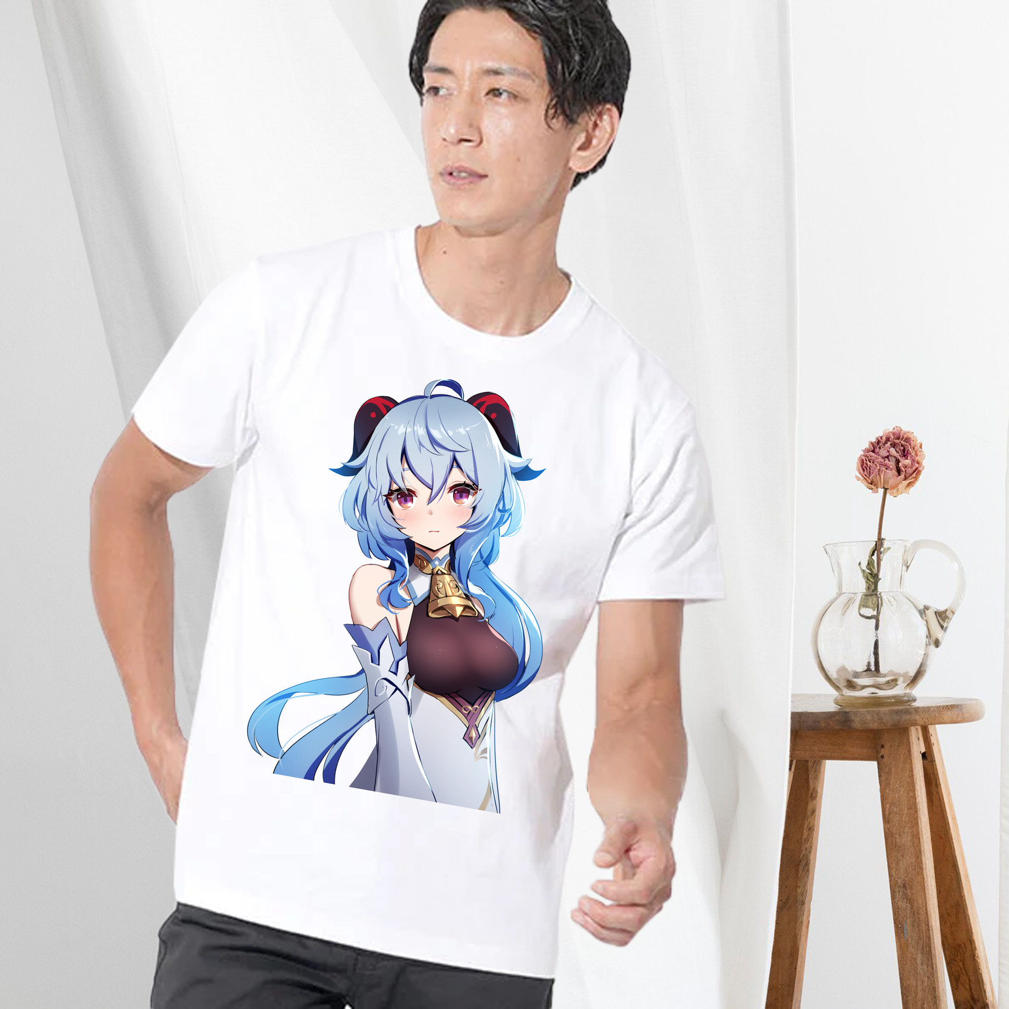 げんし神 甘雨 かんう genshin Ganyu 綿100％ メンズ半袖Tシャツ｜肌触りやわらか＆通気性