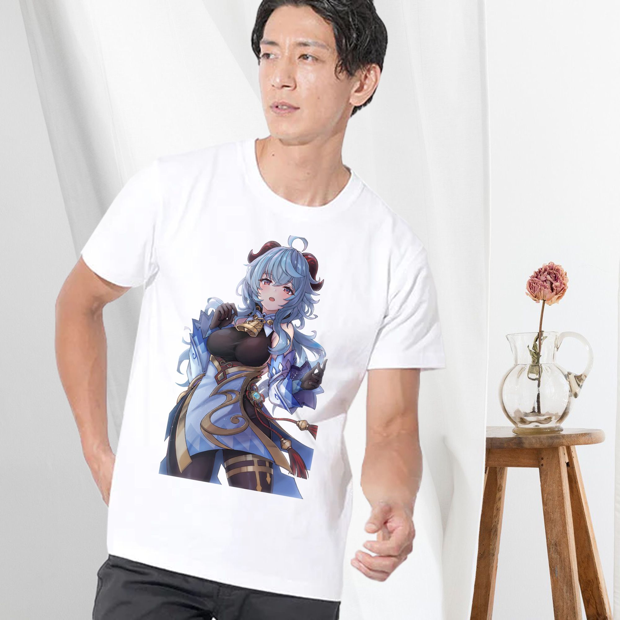 げんし神 甘雨 かんう genshin Ganyu 綿100％ メンズ半袖Tシャツ｜肌触りやわらか＆通気性