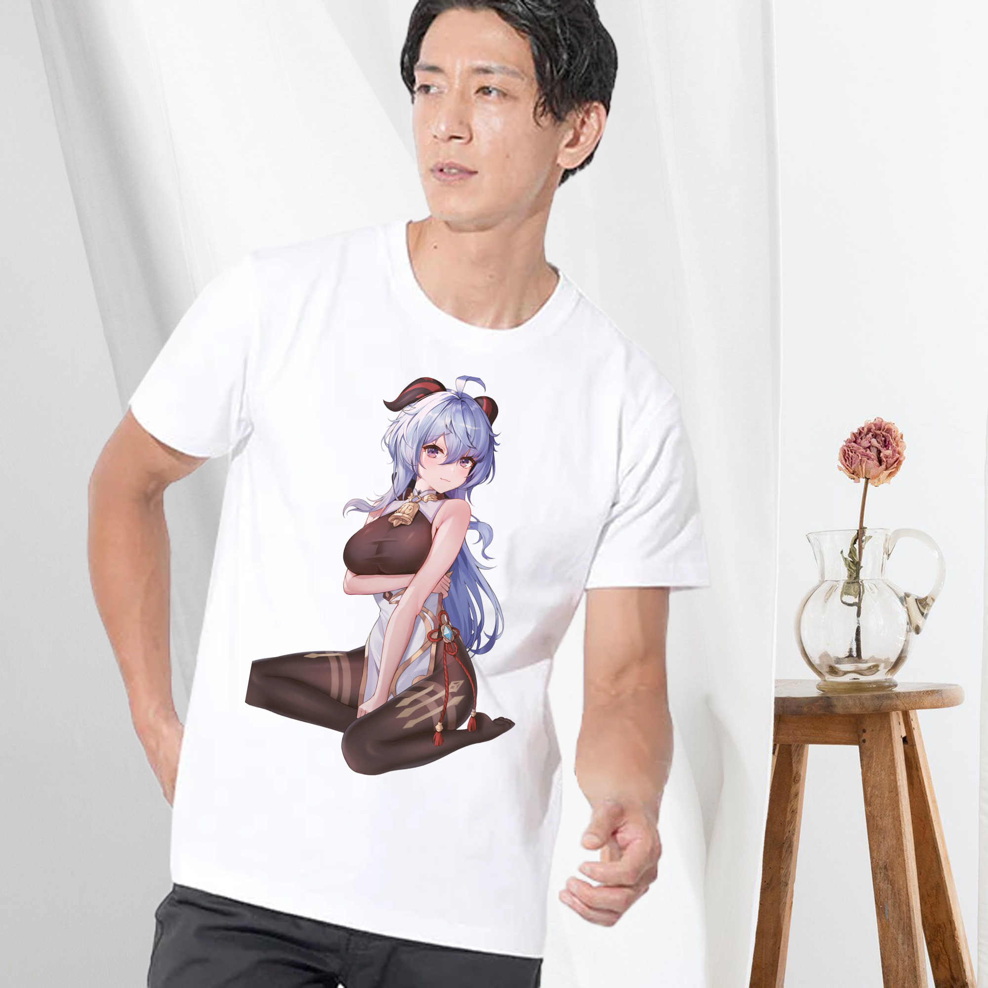 げんし神 甘雨 かんう genshin Ganyu 綿100％ メンズ半袖Tシャツ｜肌触りやわらか＆通気性