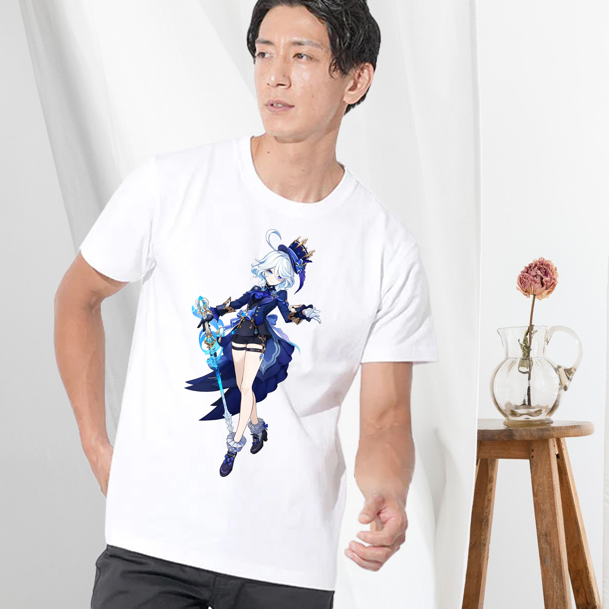 げんし神 フリーナ genshin Furina 綿100％ メンズ半袖Tシャツ｜肌触りやわらか＆通気性