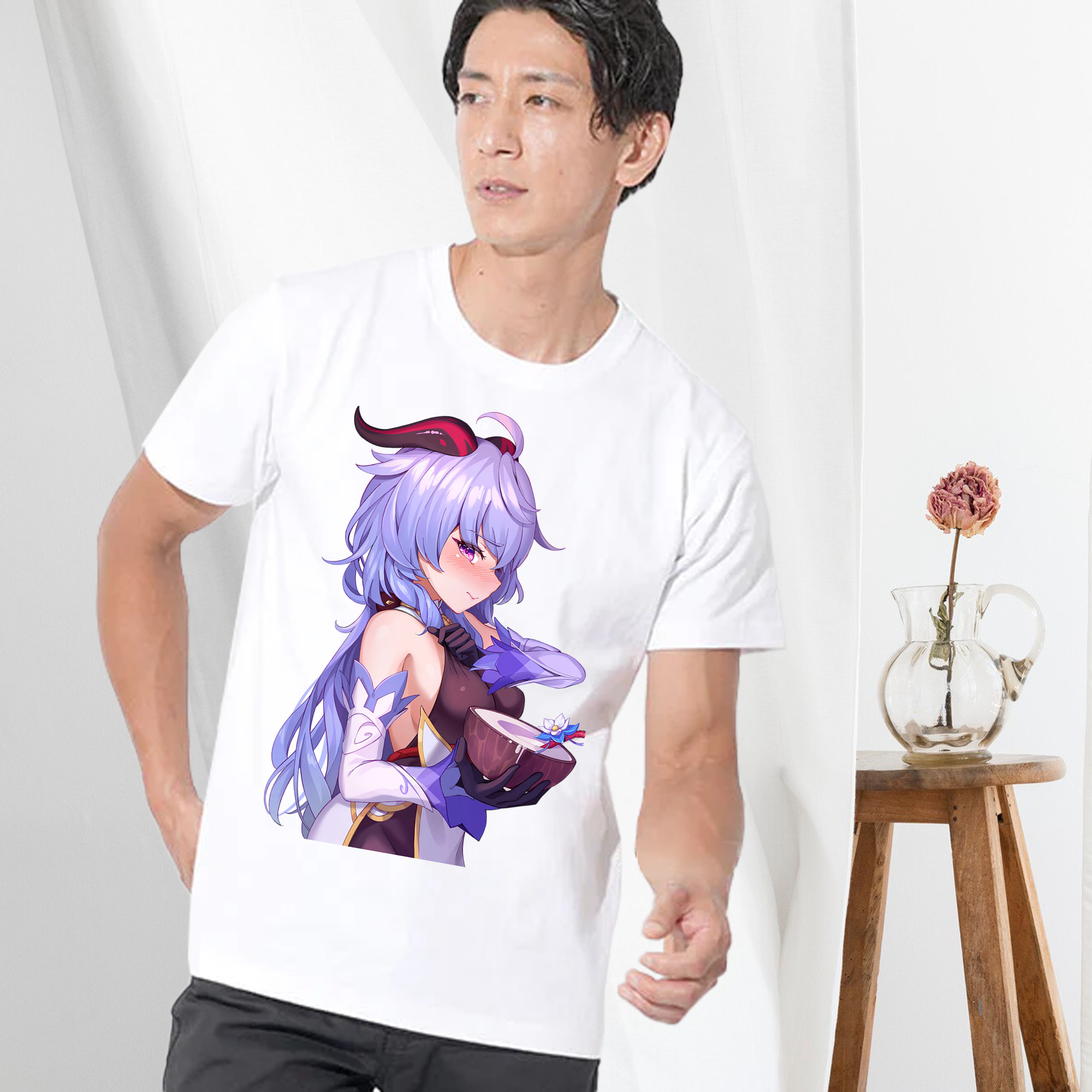 げんし神 甘雨 かんう genshin Ganyu 綿100％ メンズ半袖Tシャツ｜肌触りやわらか＆通気性