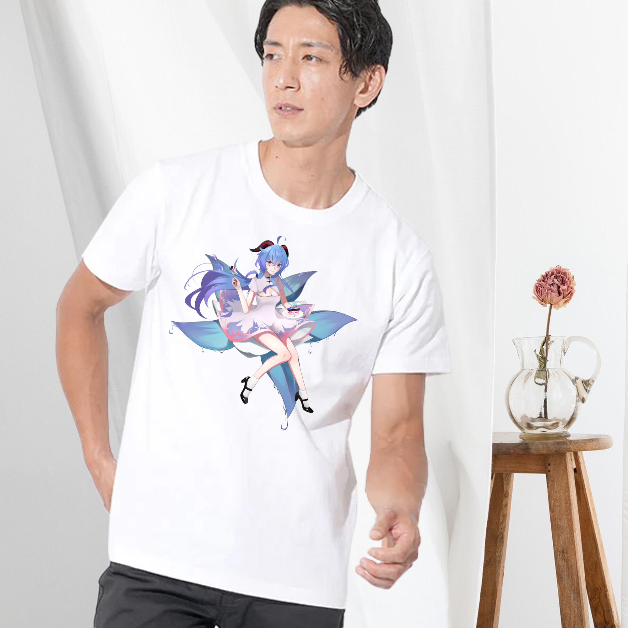 げんし神 甘雨 かんう genshin Ganyu 綿100％ メンズ半袖Tシャツ｜肌触りやわらか＆通気性