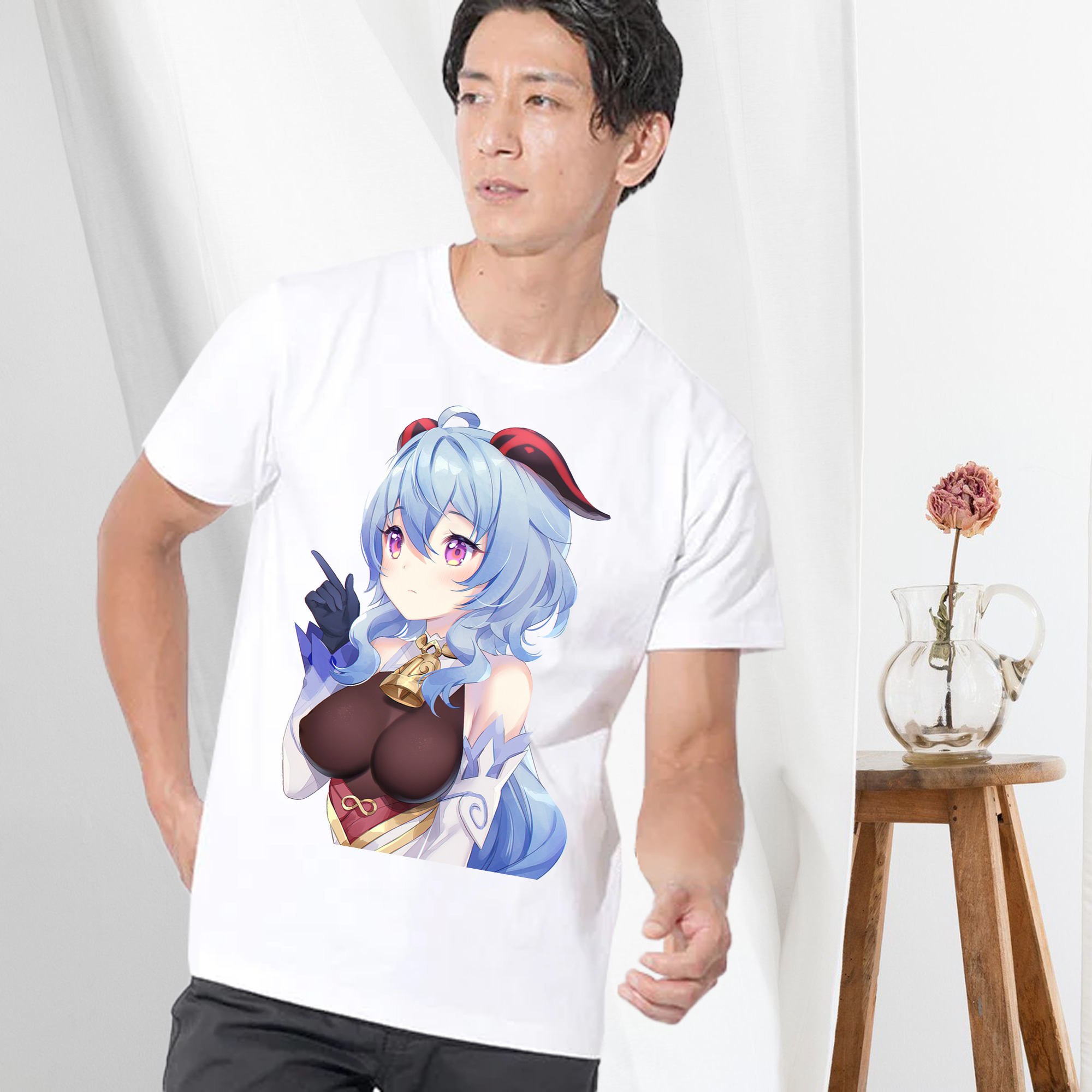 げんし神 甘雨 かんう genshin Ganyu 綿100％ メンズ半袖Tシャツ｜肌触りやわらか＆通気性