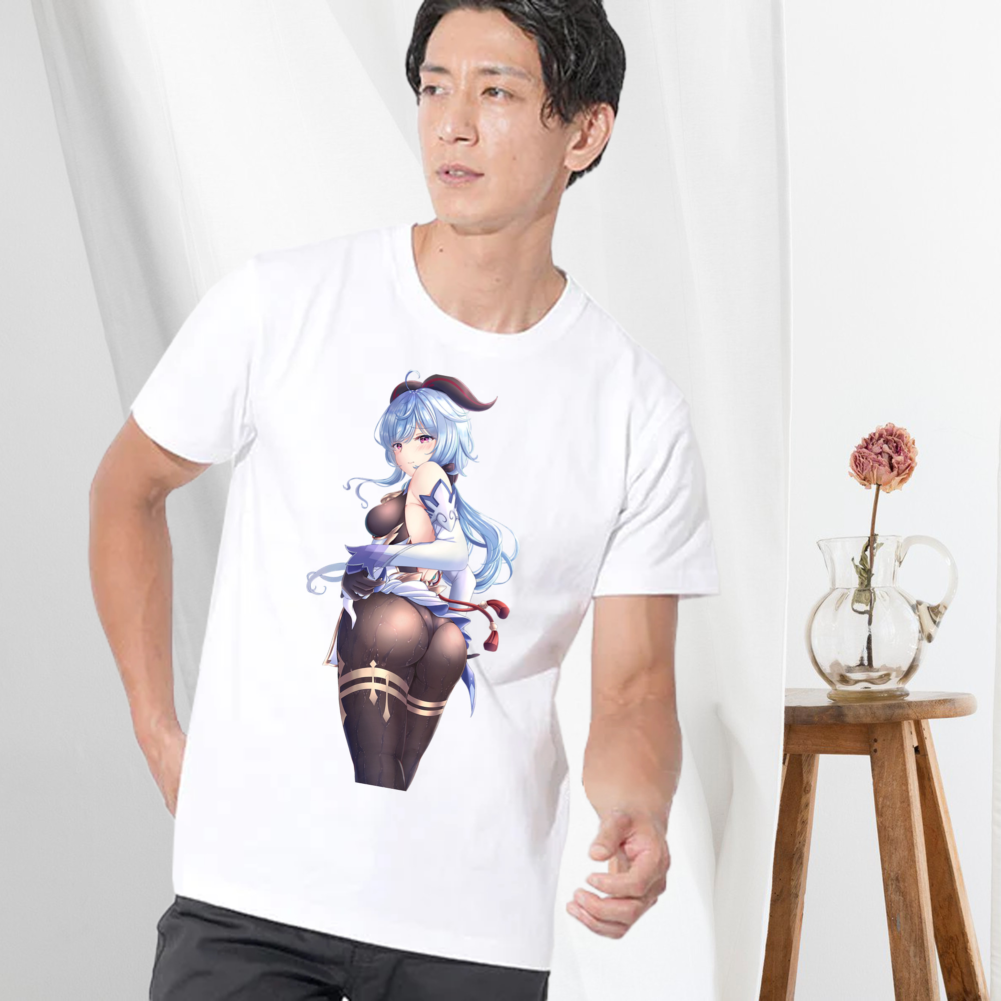 げんし神 甘雨 かんう genshin Ganyu 綿100％ メンズ半袖Tシャツ｜肌触りやわらか＆通気性