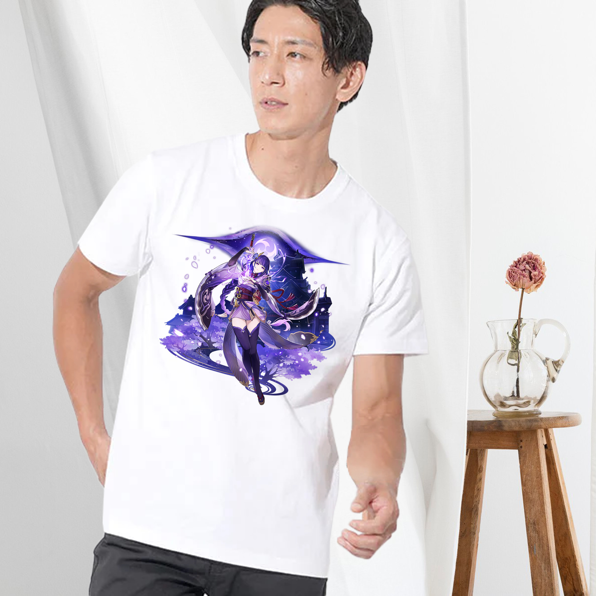 げんし神 雷電将軍 らいでんしょうぐん genshin Raiden Shogun 綿100％ メンズ半袖Tシャツ｜肌触りやわらか＆通気性