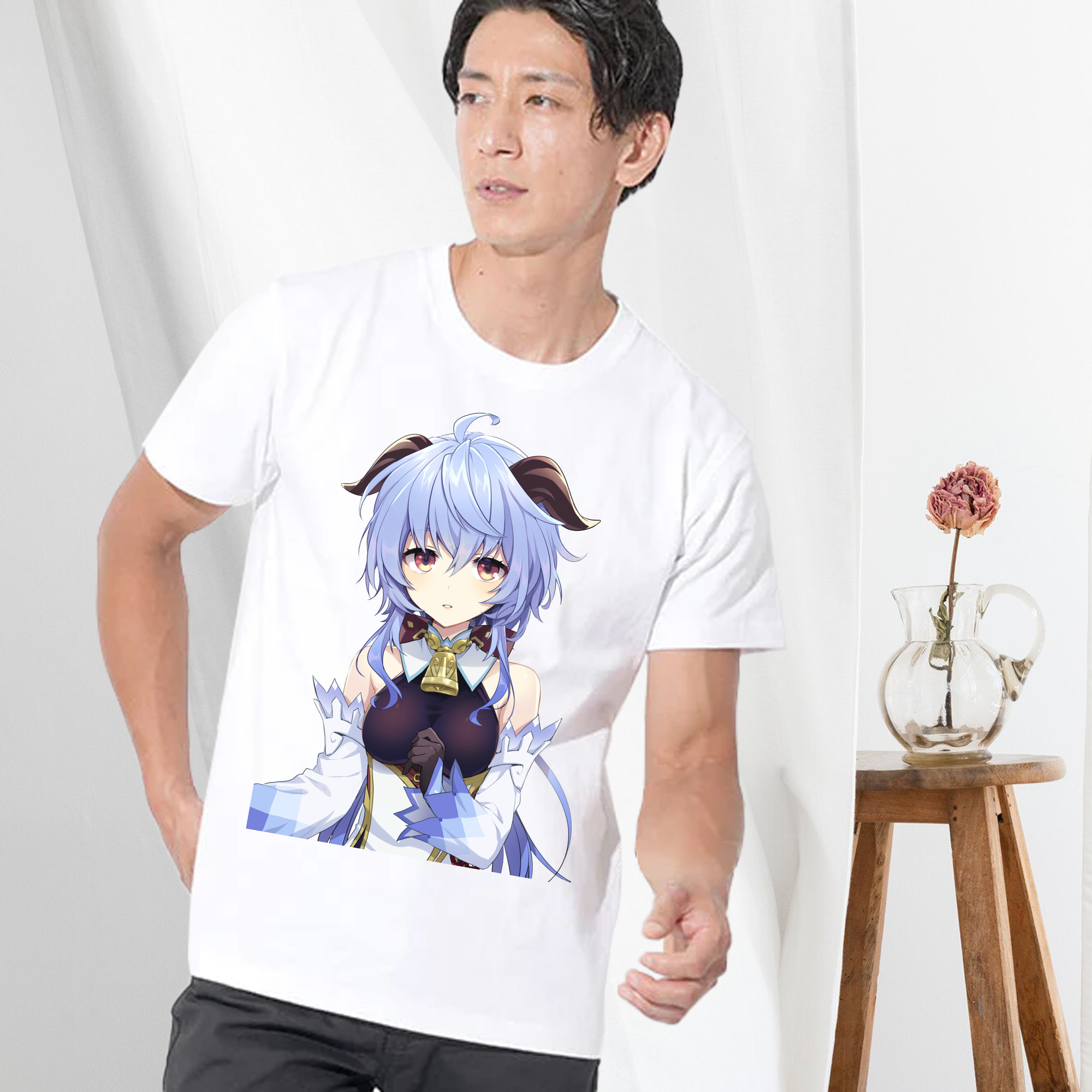 げんし神 甘雨 かんう genshin Ganyu 綿100％ メンズ半袖Tシャツ｜肌触りやわらか＆通気性