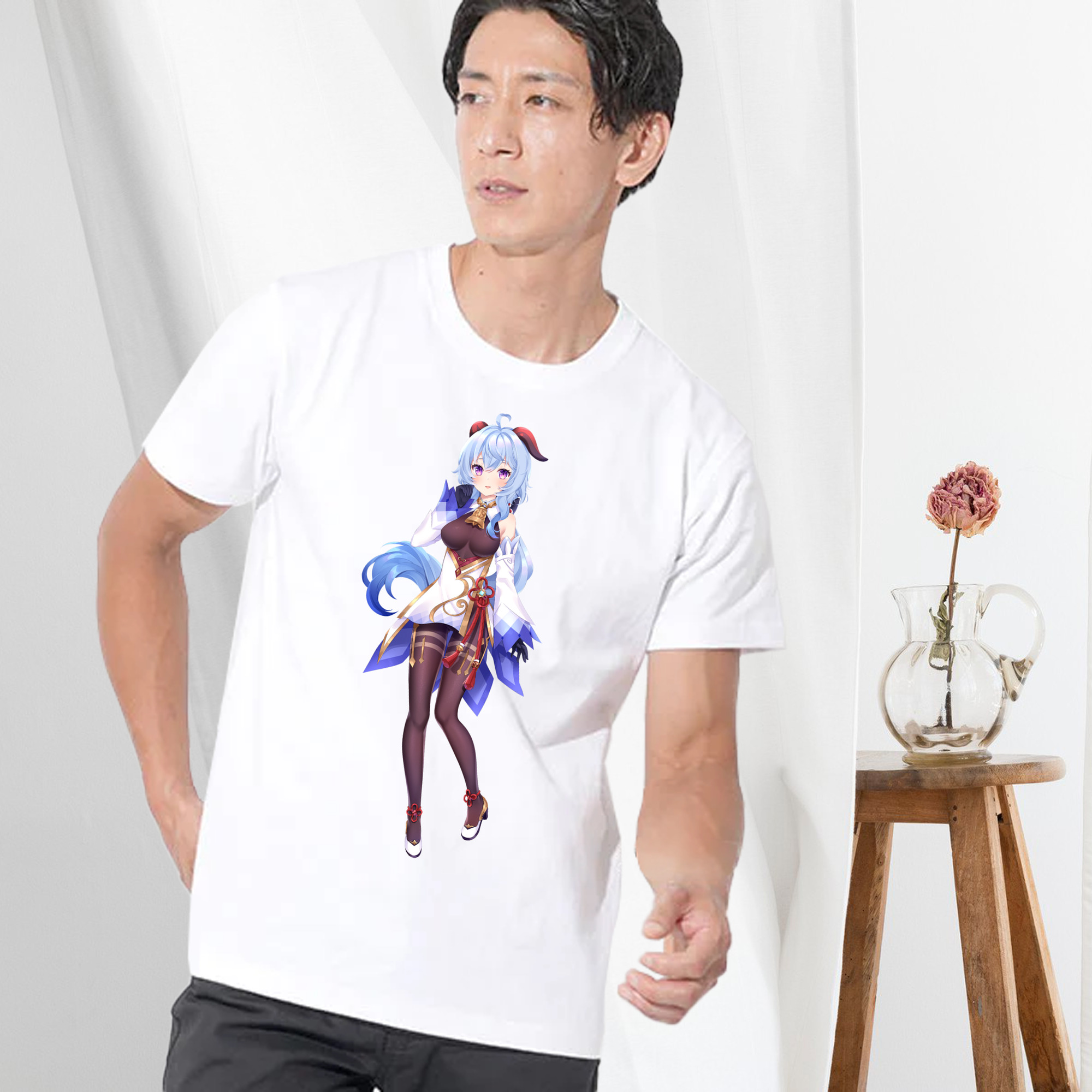 げんし神 甘雨 かんう genshin Ganyu 綿100％ メンズ半袖Tシャツ｜肌触りやわらか＆通気性