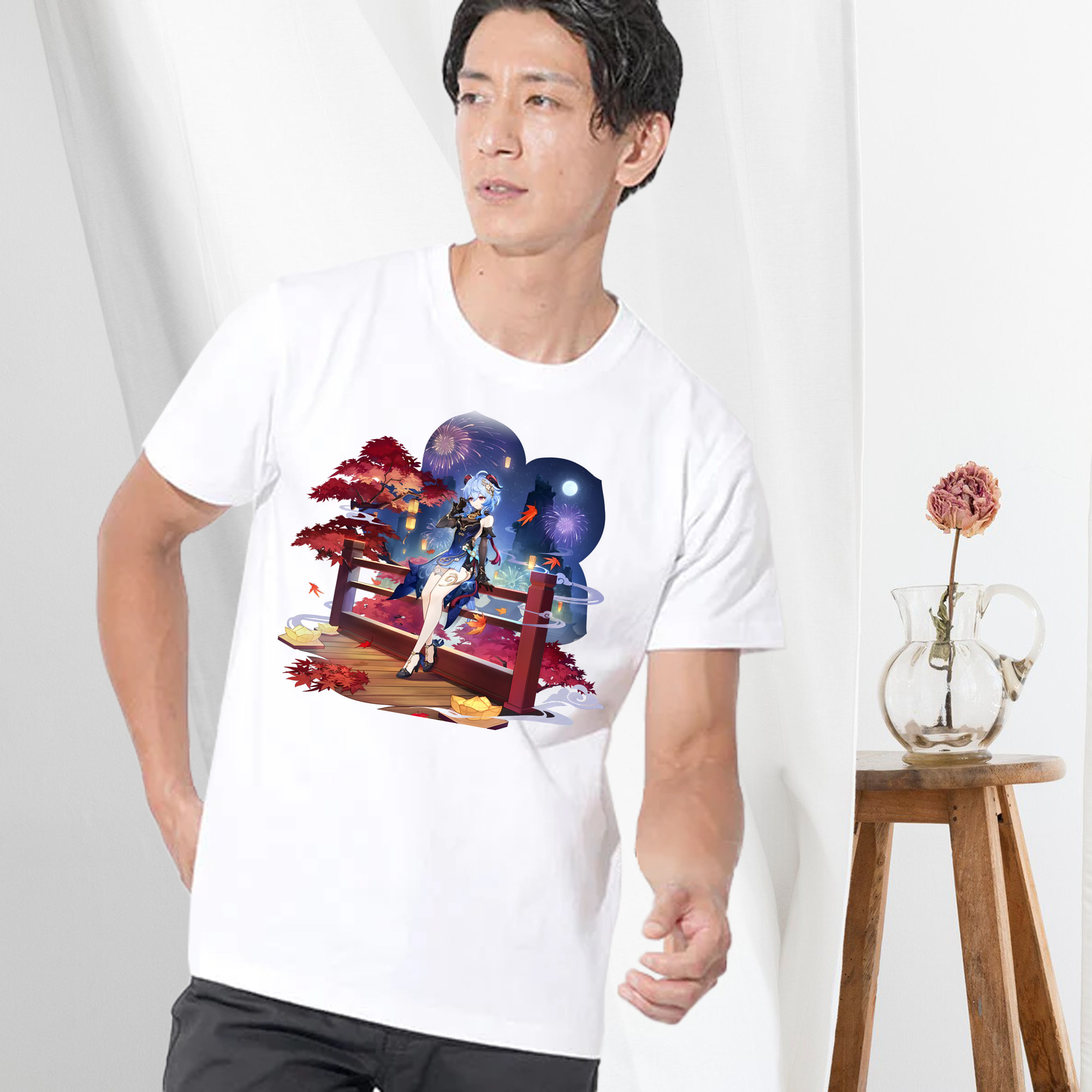 げんし神 甘雨 かんう genshin Ganyu 綿100％ メンズ半袖Tシャツ｜肌触りやわらか＆通気性