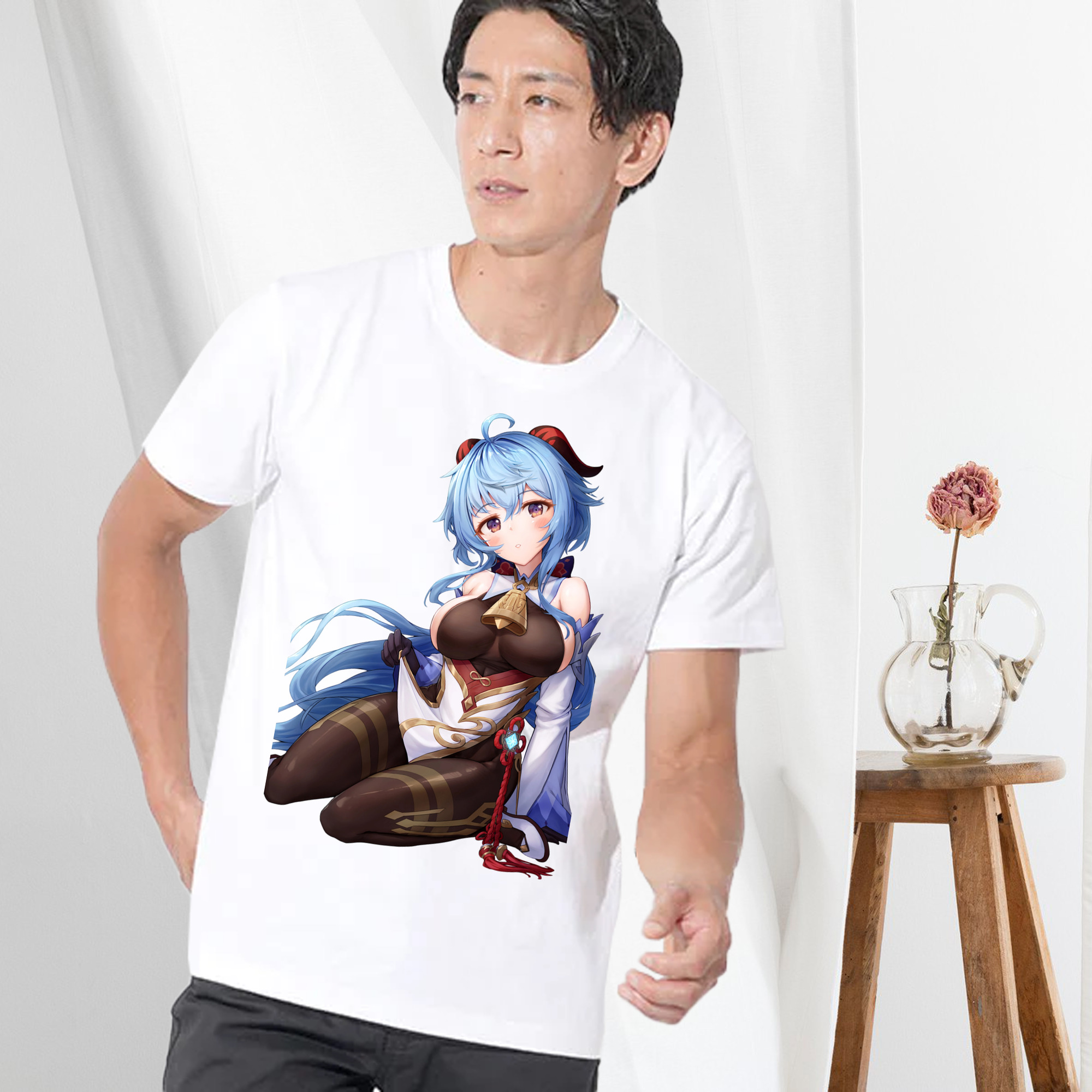 げんし神 甘雨 かんう genshin Ganyu 綿100％ メンズ半袖Tシャツ｜肌触りやわらか＆通気性