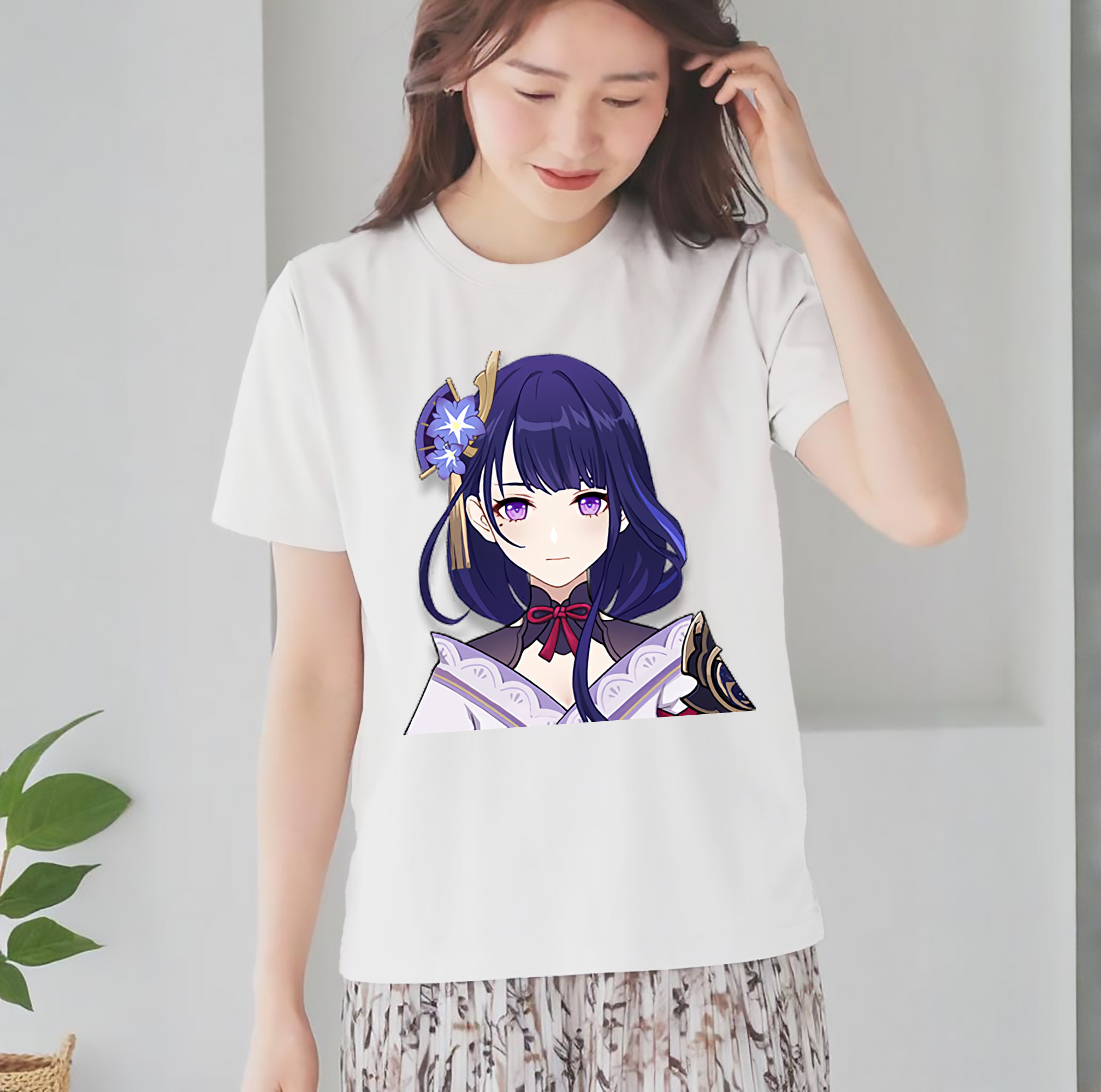 げんし神 雷電将軍 らいでんしょうぐん genshin Raiden Shogun レディースカジュアルプリントTシャツ（綿100％）