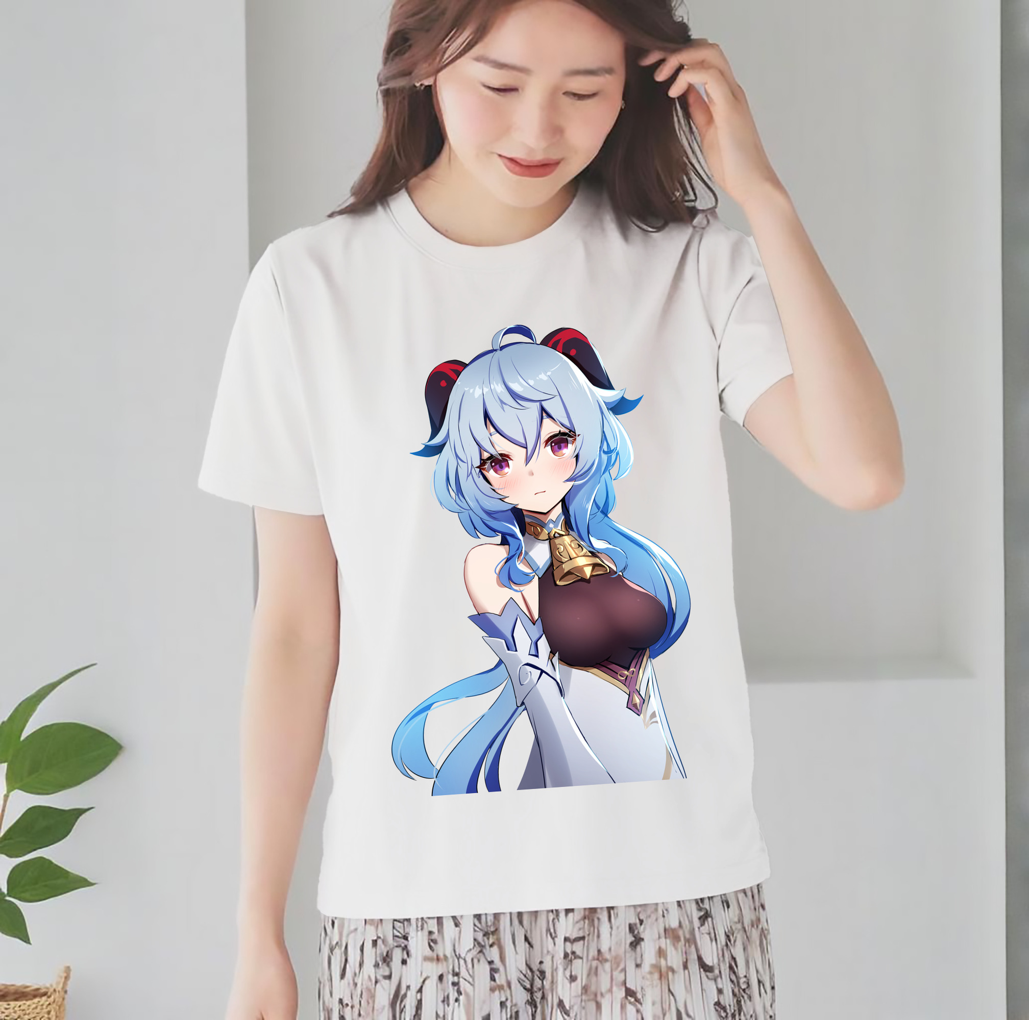 げんし神 甘雨 かんう genshin Ganyu レディースカジュアルプリントTシャツ（綿100％）