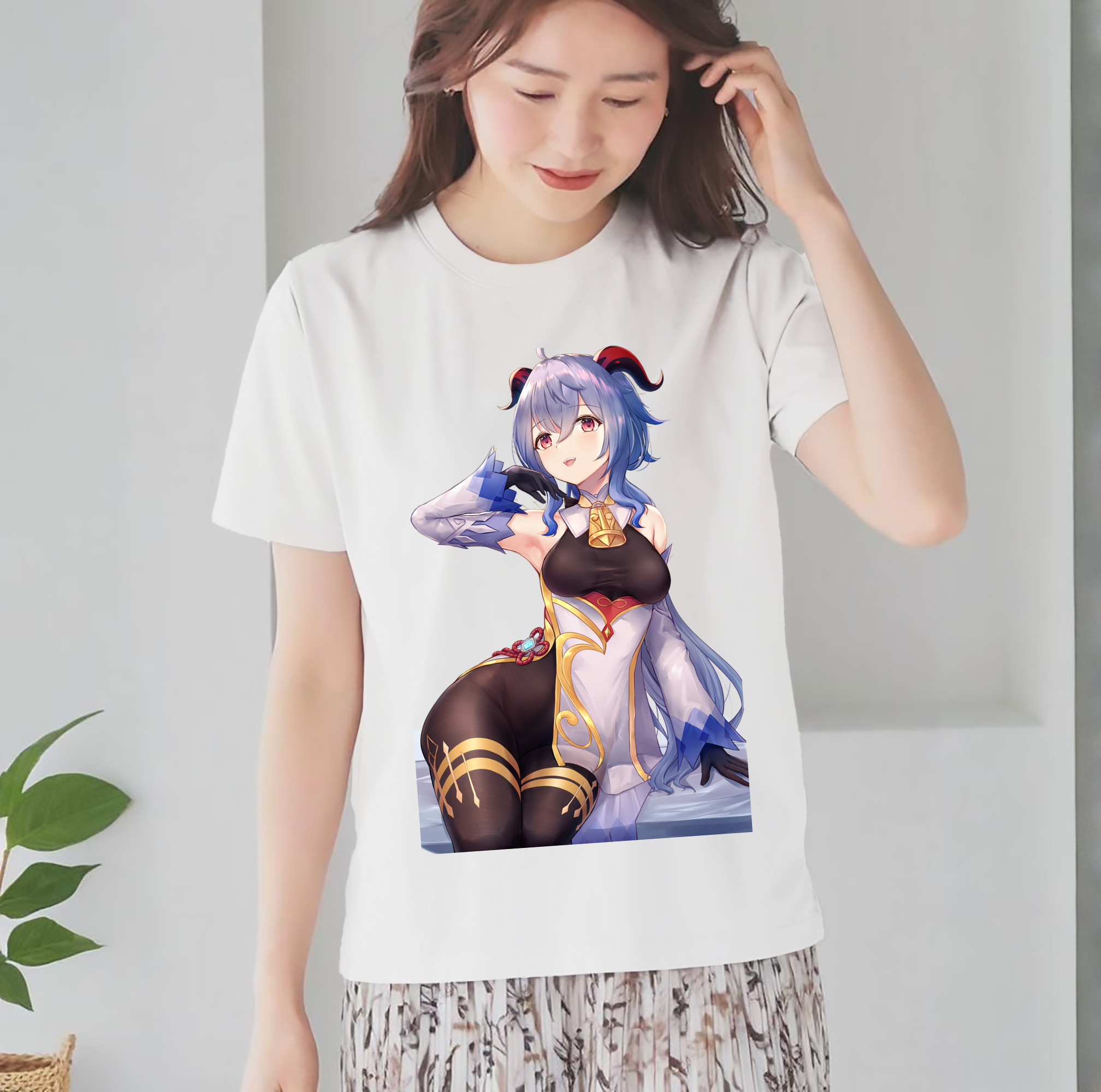 げんし神 甘雨 かんう genshin Ganyu レディースカジュアルプリントTシャツ（綿100％）