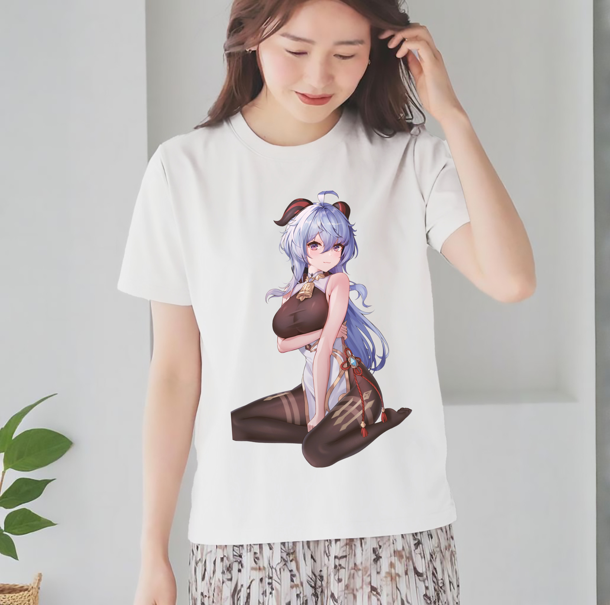 げんし神 甘雨 かんう genshin Ganyu レディースカジュアルプリントTシャツ（綿100％）