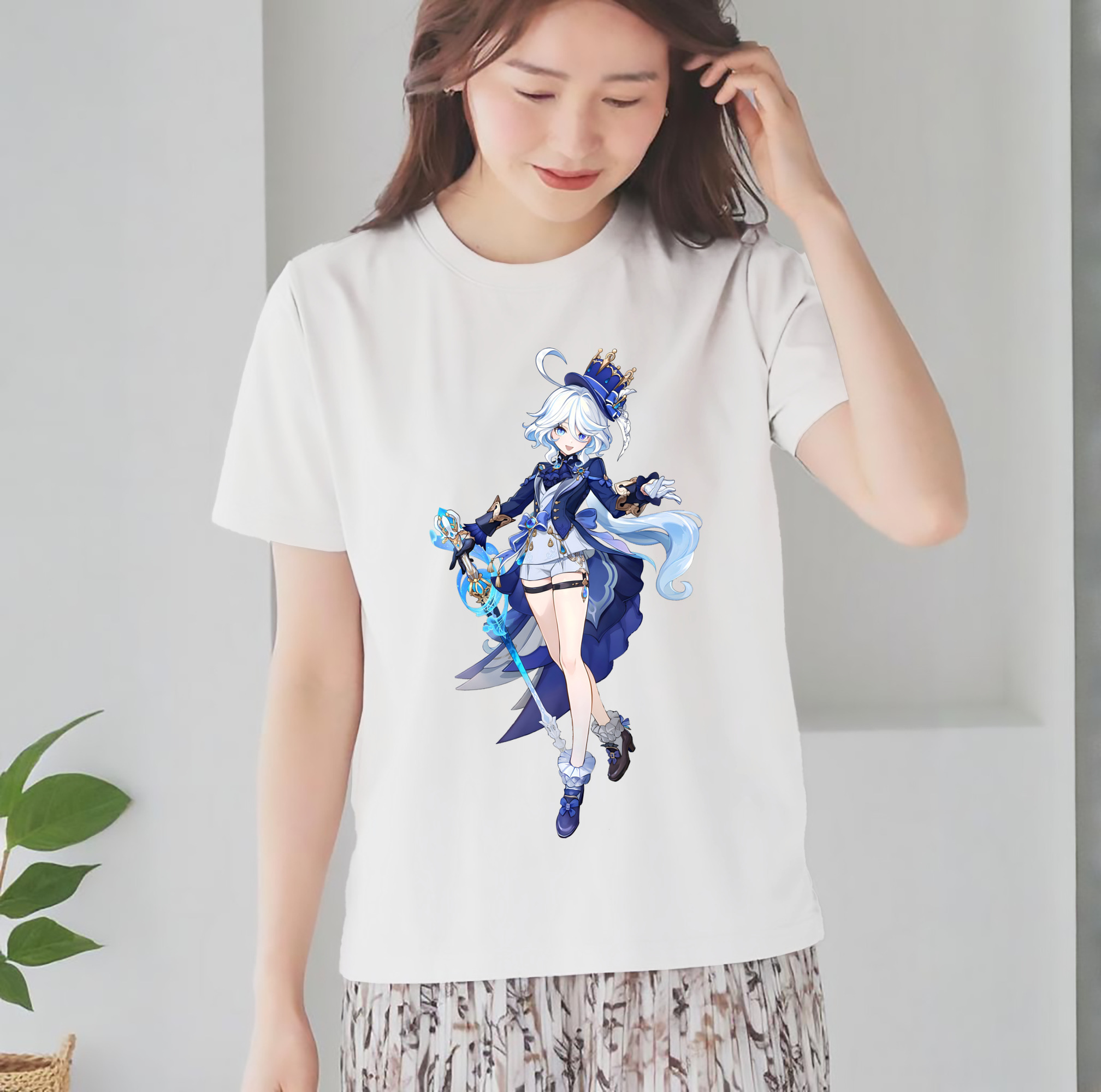 げんし神 フリーナ genshin Furina レディースカジュアルプリントTシャツ（綿100％）