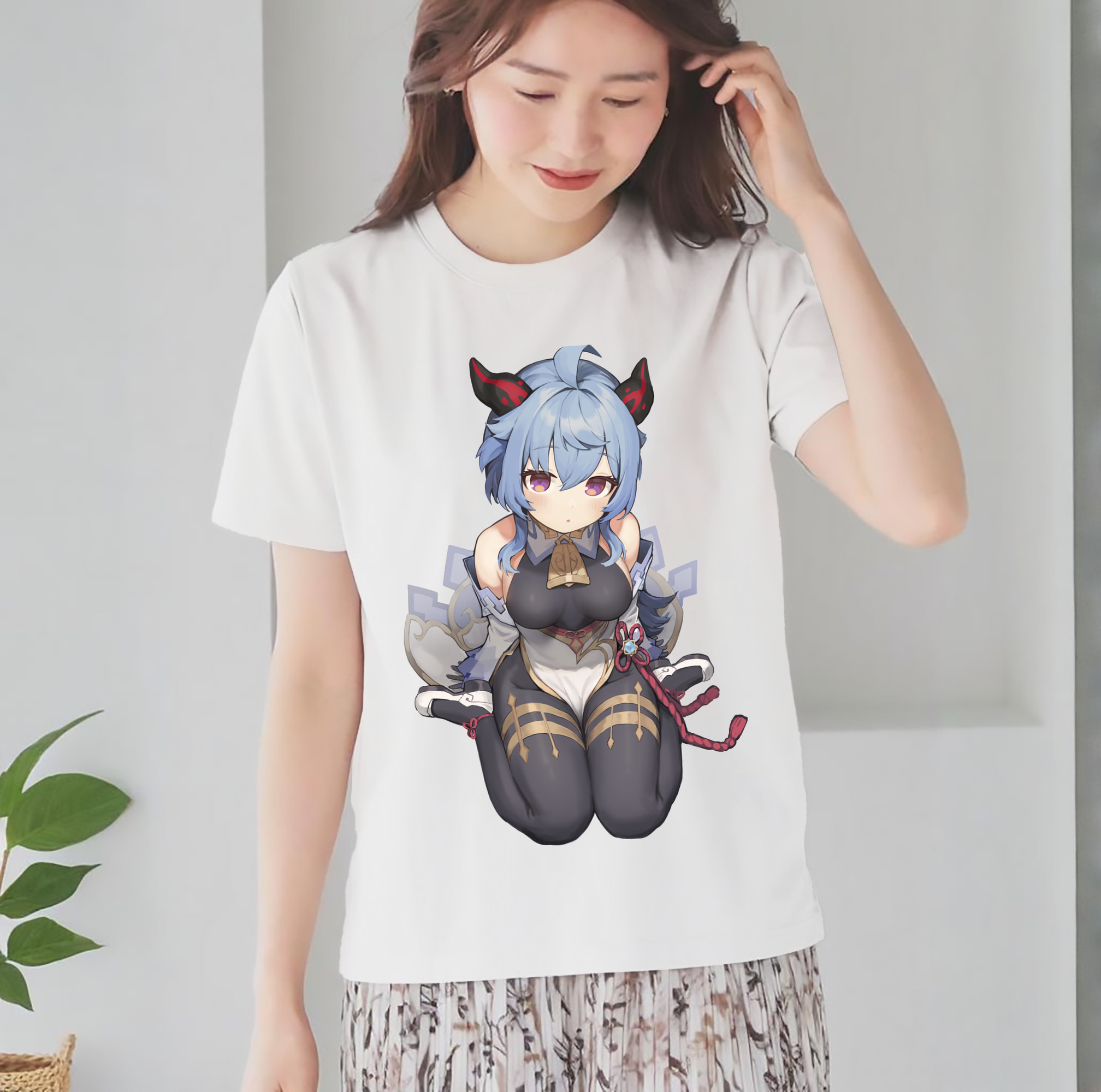げんし神 甘雨 かんう genshin Ganyu レディースカジュアルプリントTシャツ（綿100％）