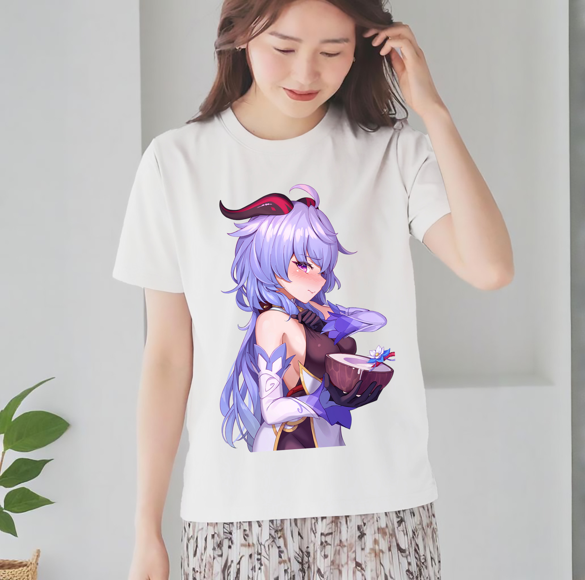 げんし神 甘雨 かんう genshin Ganyu レディースカジュアルプリントTシャツ（綿100％）