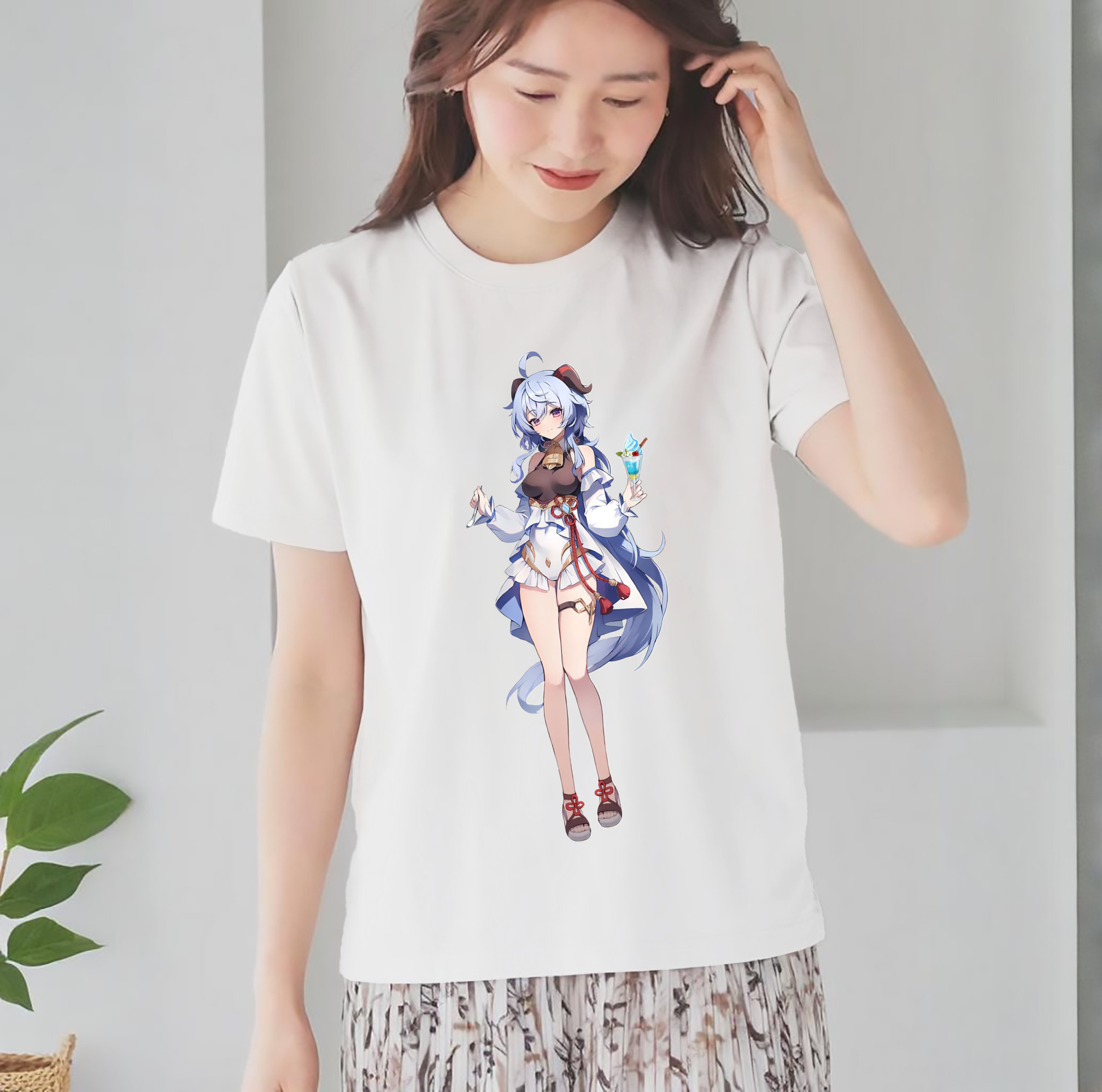 げんし神 甘雨 かんう genshin Ganyu レディースカジュアルプリントTシャツ（綿100％）
