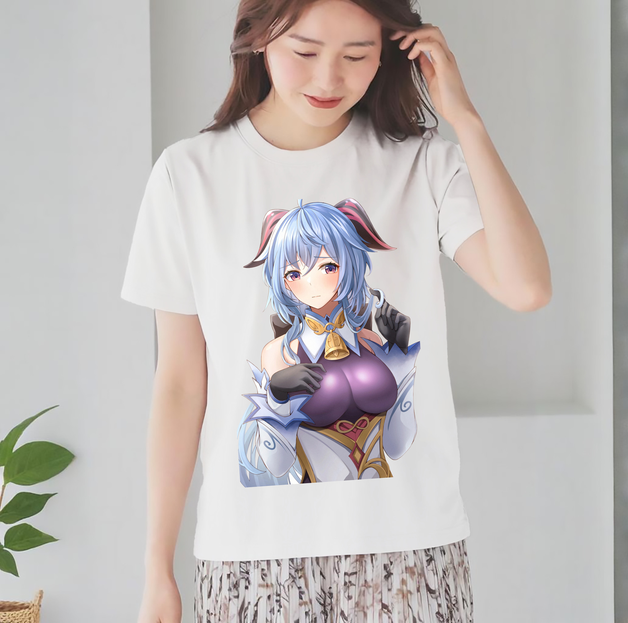 げんし神 甘雨 かんう genshin Ganyu レディースカジュアルプリントTシャツ（綿100％）