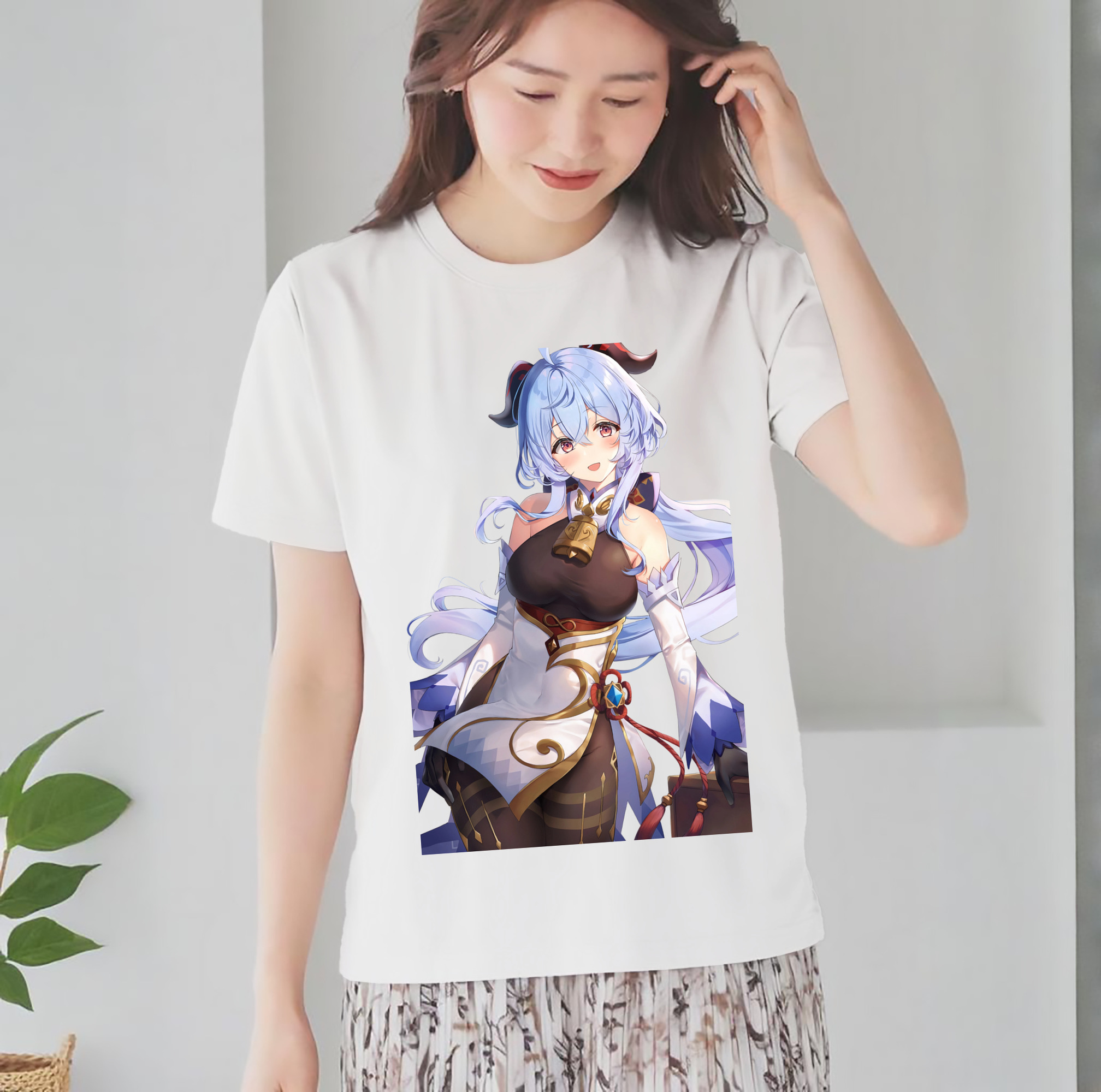 げんし神 甘雨 かんう genshin Ganyu レディースカジュアルプリントTシャツ（綿100％）