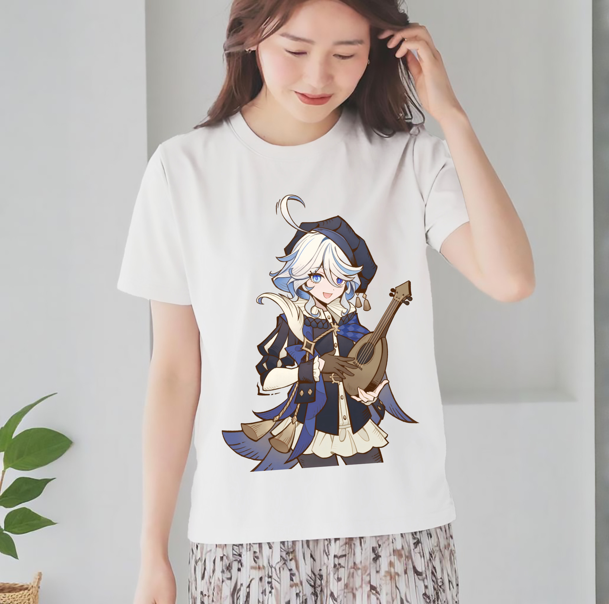 げんし神 フリーナ genshin Furina レディースカジュアルプリントTシャツ（綿100％）