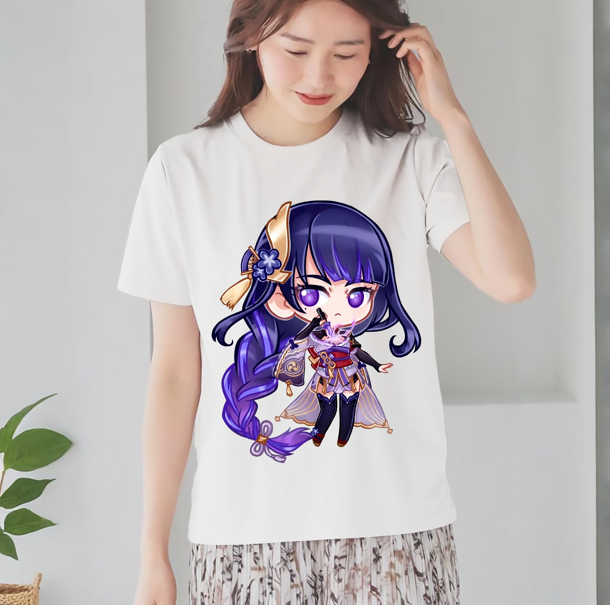 げんし神 雷電将軍 らいでんしょうぐん genshin Raiden Shogun レディースカジュアルプリントTシャツ（綿100％）