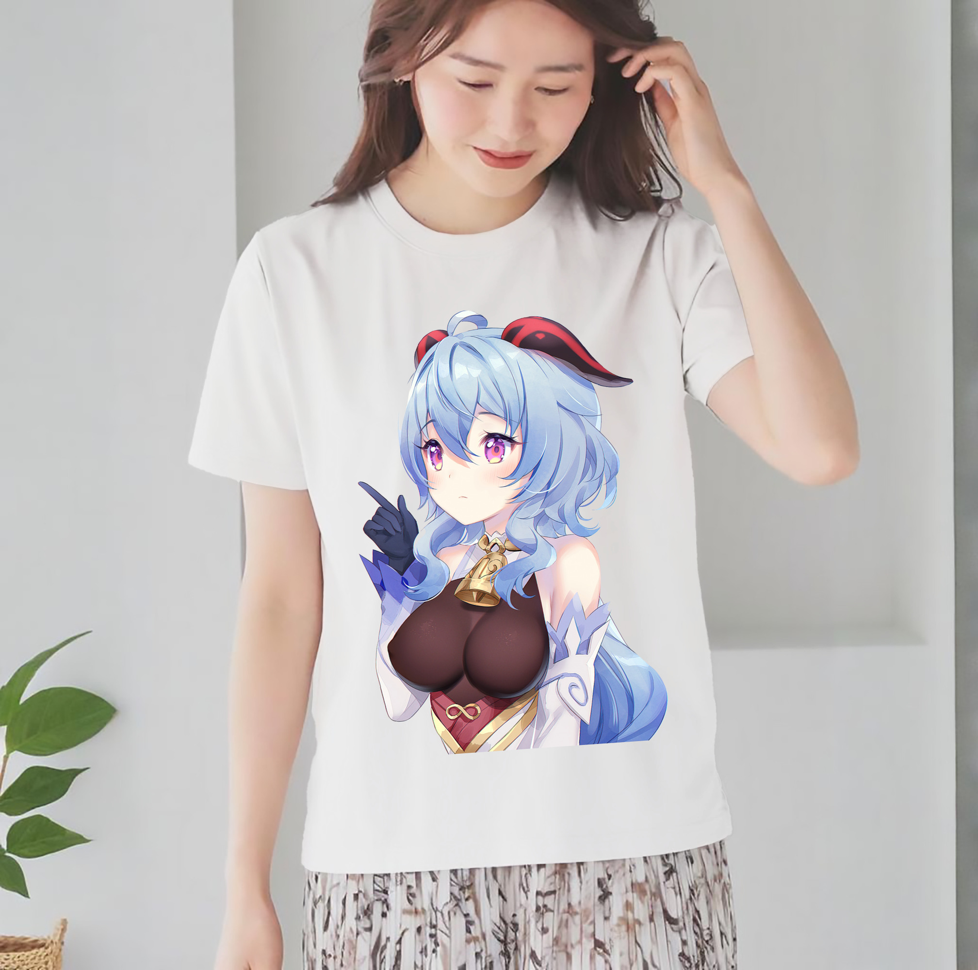 げんし神 甘雨 かんう genshin Ganyu レディースカジュアルプリントTシャツ（綿100％）