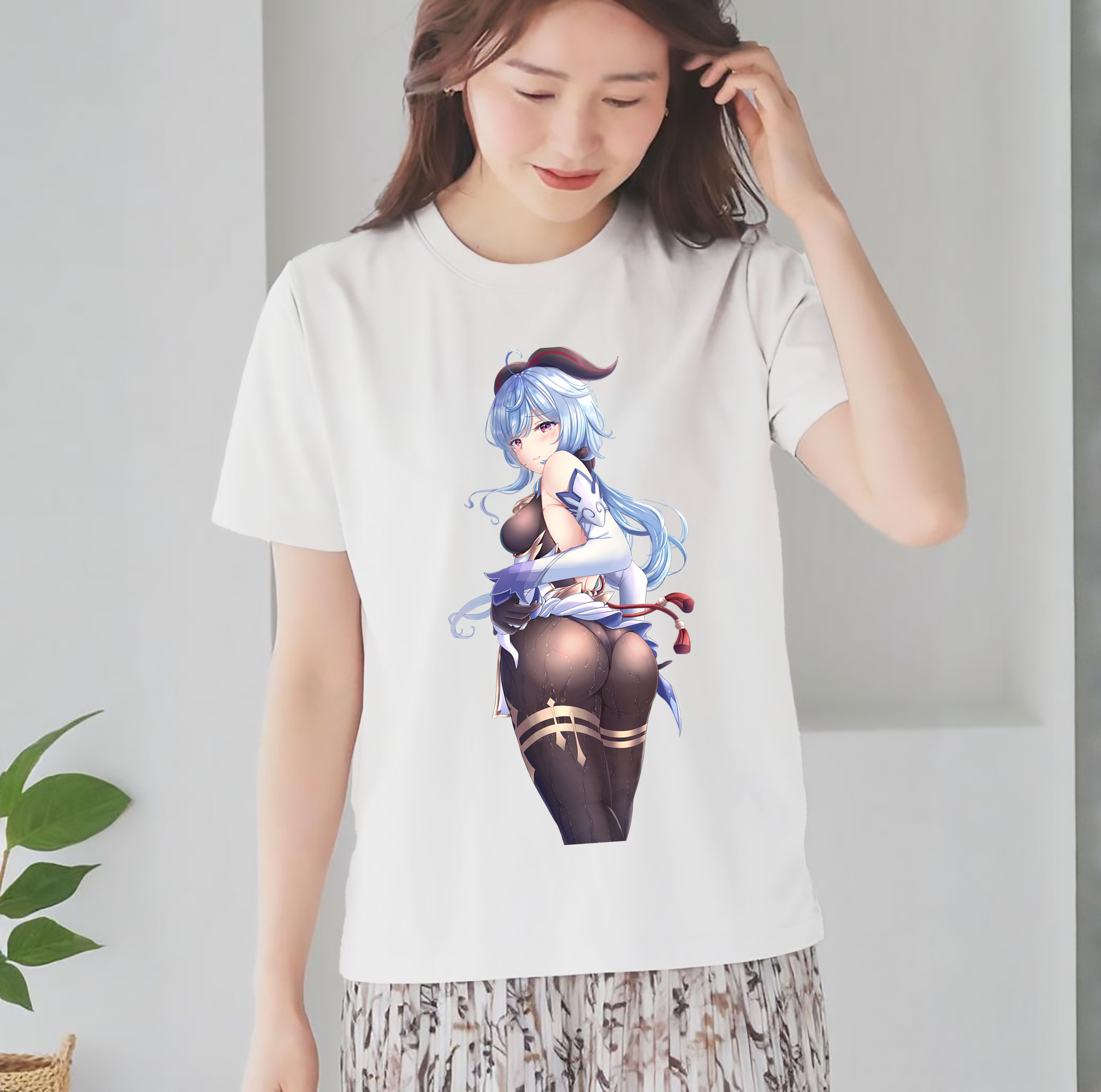 げんし神 甘雨 かんう genshin Ganyu レディースカジュアルプリントTシャツ（綿100％）
