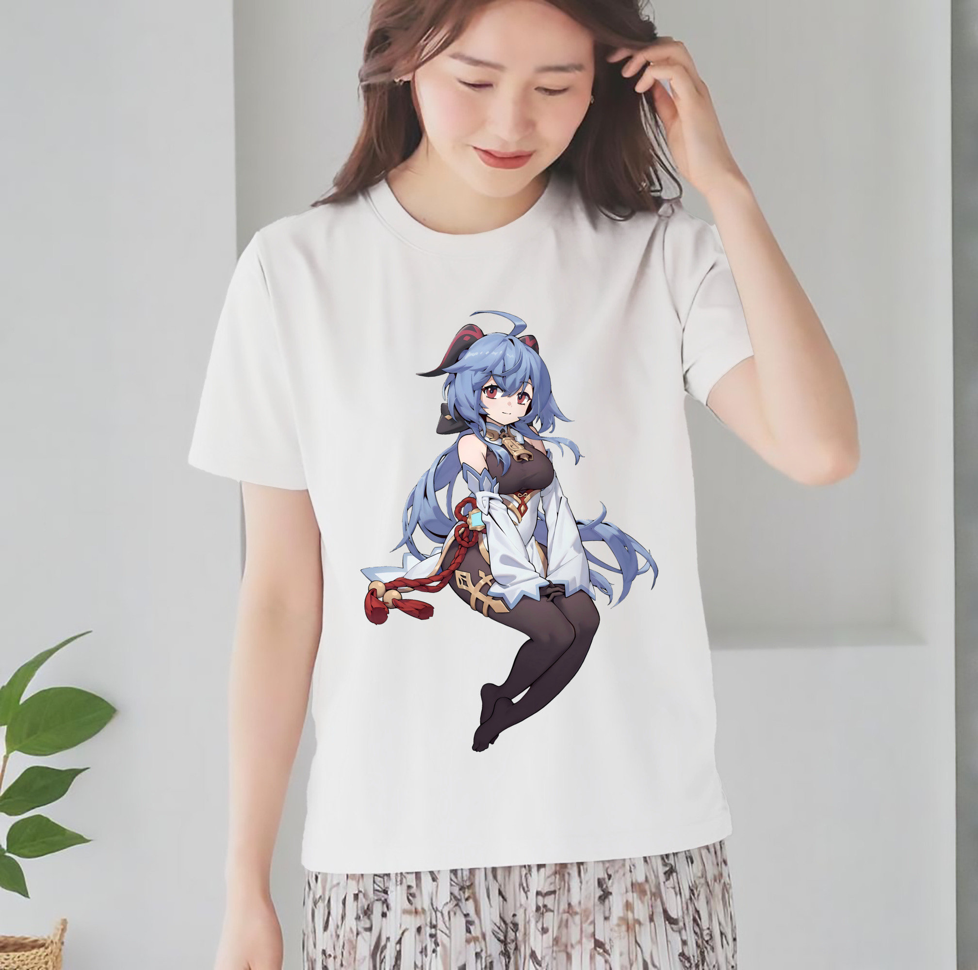 げんし神 甘雨 かんう genshin Ganyu レディースカジュアルプリントTシャツ（綿100％）