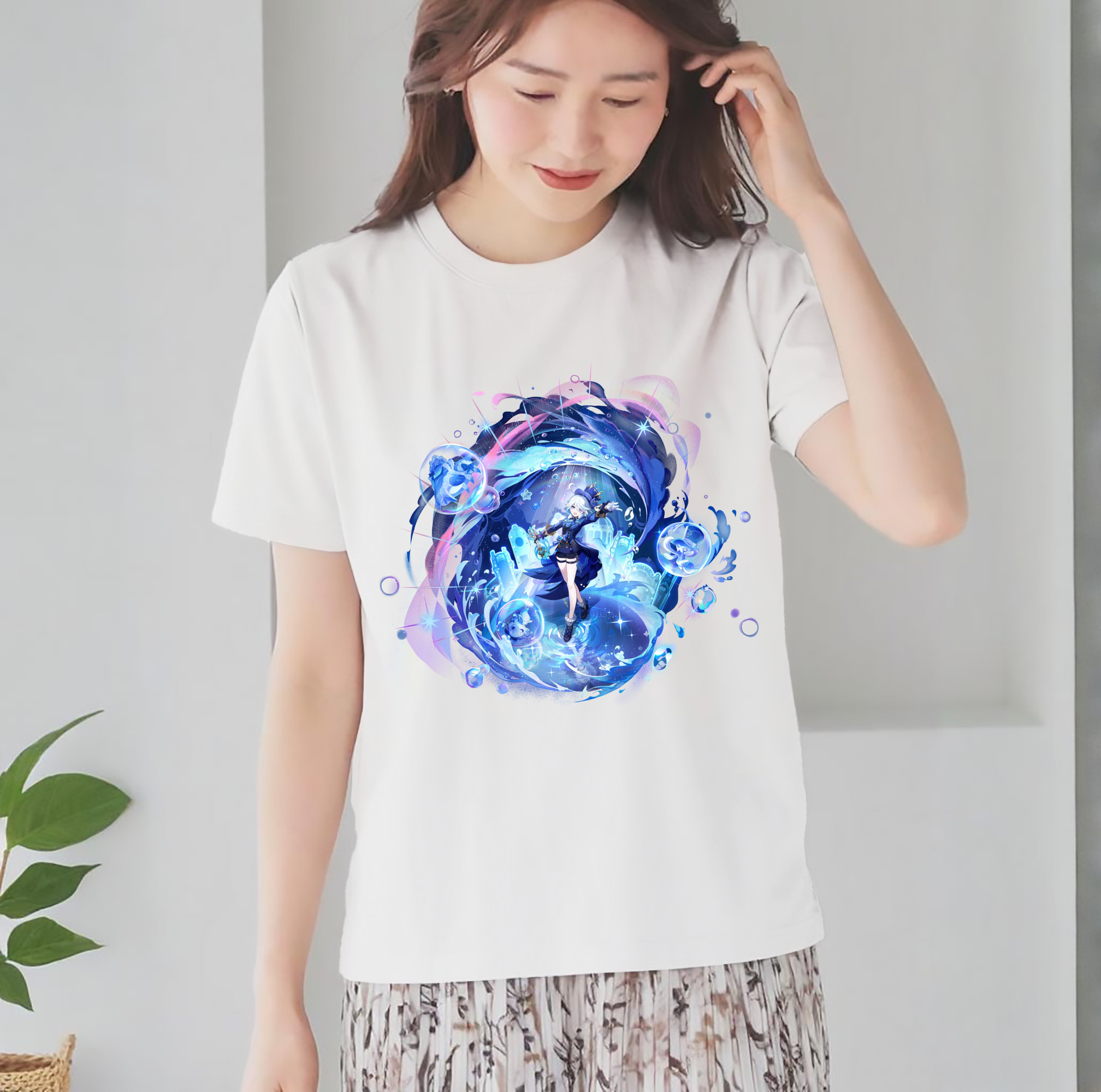 げんし神 フリーナ genshin Furina レディースカジュアルプリントTシャツ（綿100％）