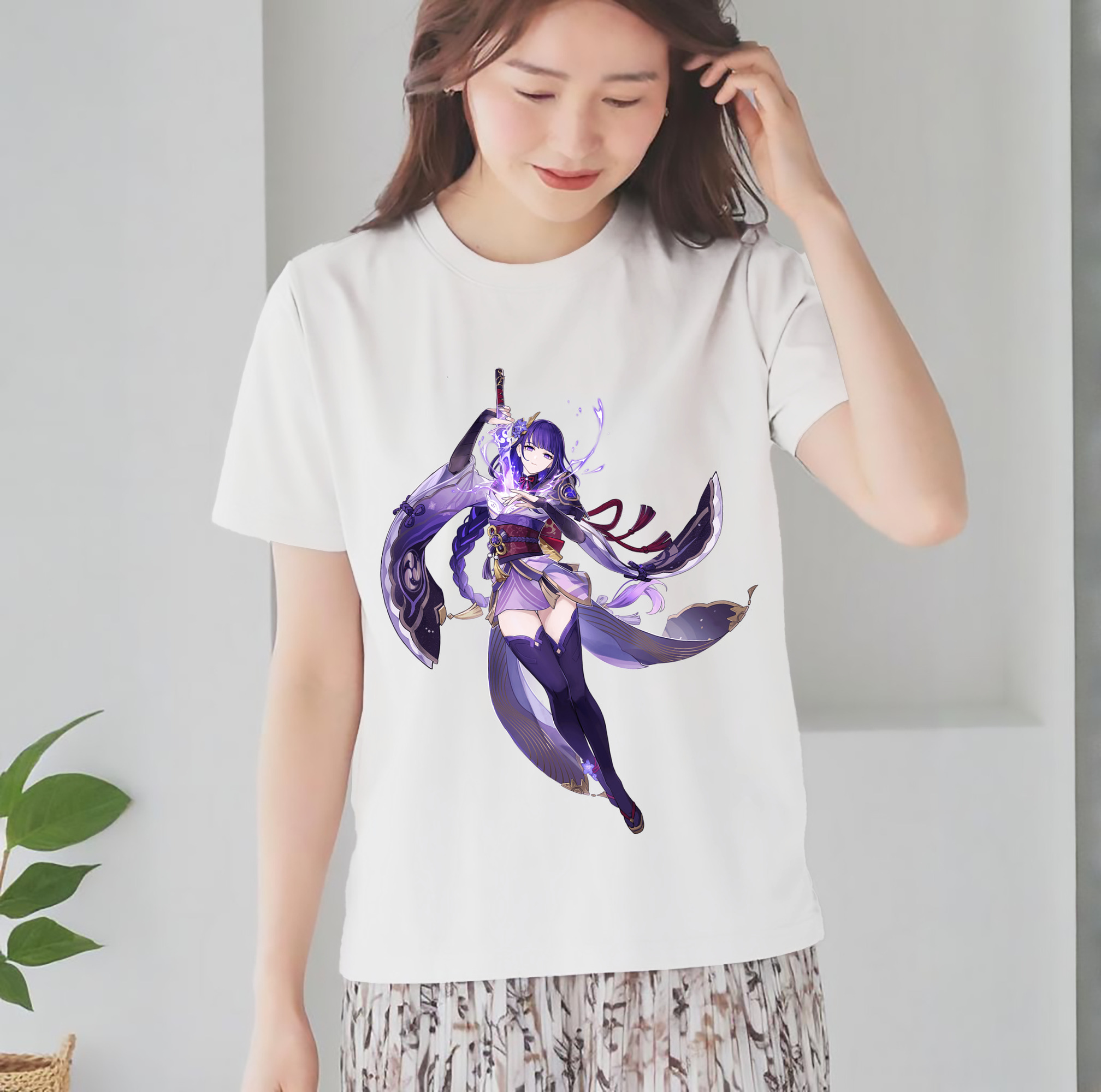 げんし神 雷電将軍 らいでんしょうぐん genshin Raiden Shogun レディースカジュアルプリントTシャツ（綿100％）