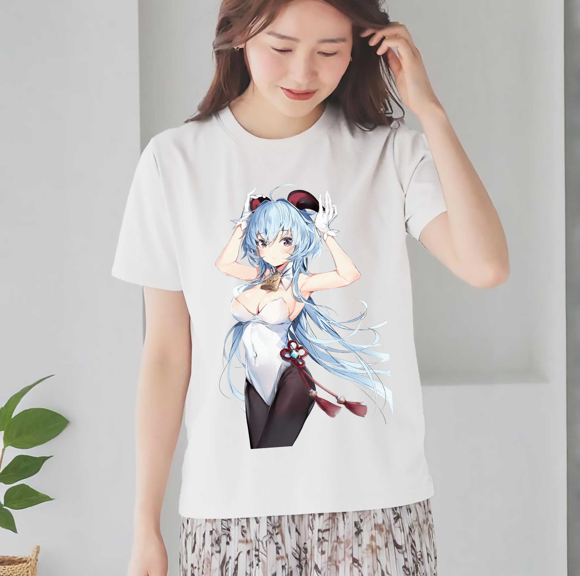 げんし神 甘雨 かんう genshin Ganyu レディースカジュアルプリントTシャツ（綿100％）