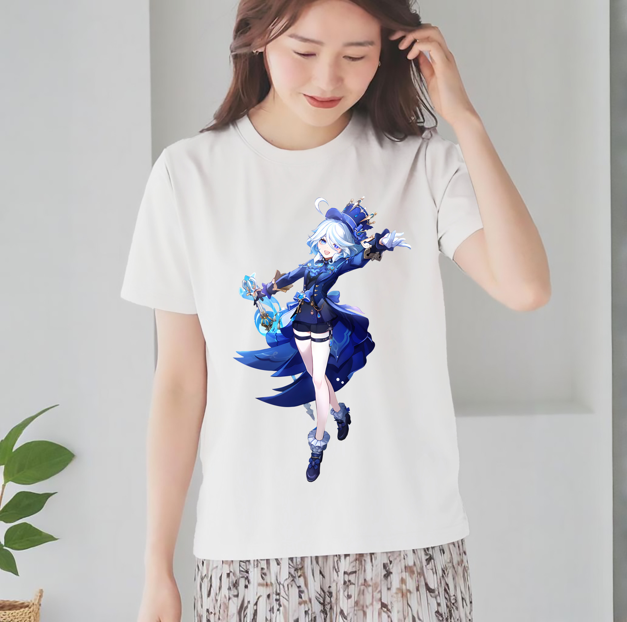 げんし神 フリーナ genshin Furina レディースカジュアルプリントTシャツ（綿100％）