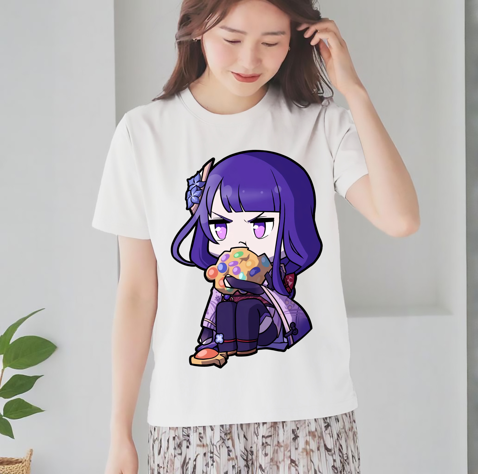 げんし神 雷電将軍 らいでんしょうぐん genshin Raiden Shogun レディースカジュアルプリントTシャツ（綿100％）